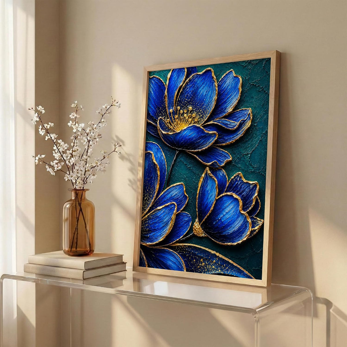 Royal Blue Flowers Framed Wall Art, Natural, 10x13 Inches