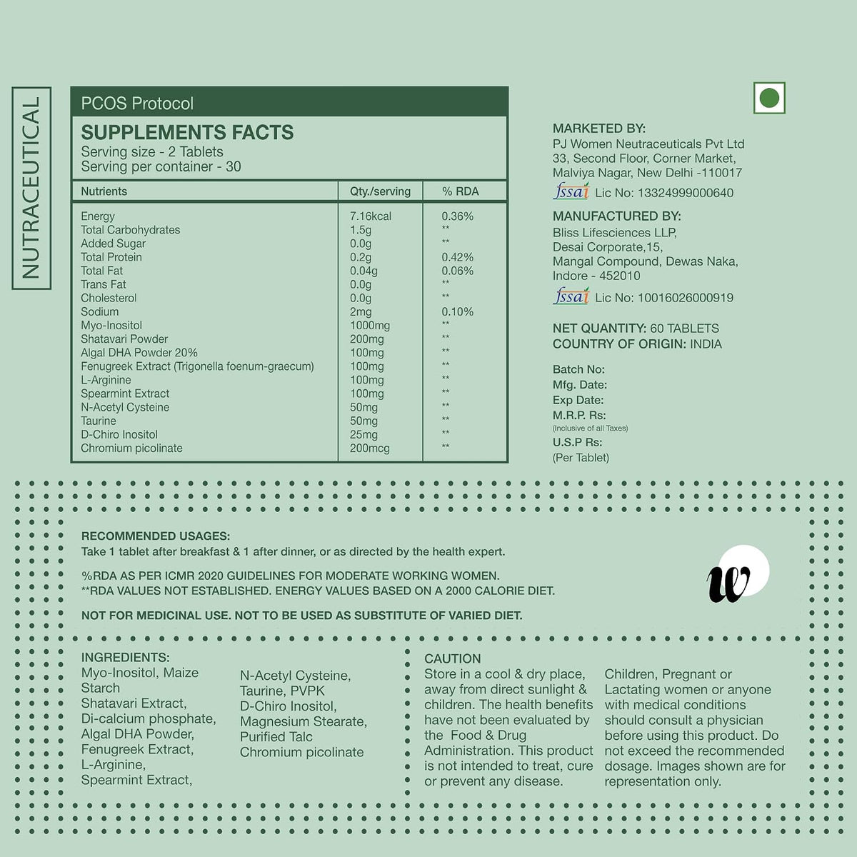WOMN PCOS Supplement | Myo-Inositol and N-Acetyl Cysteine Supplement, 60 Tablets