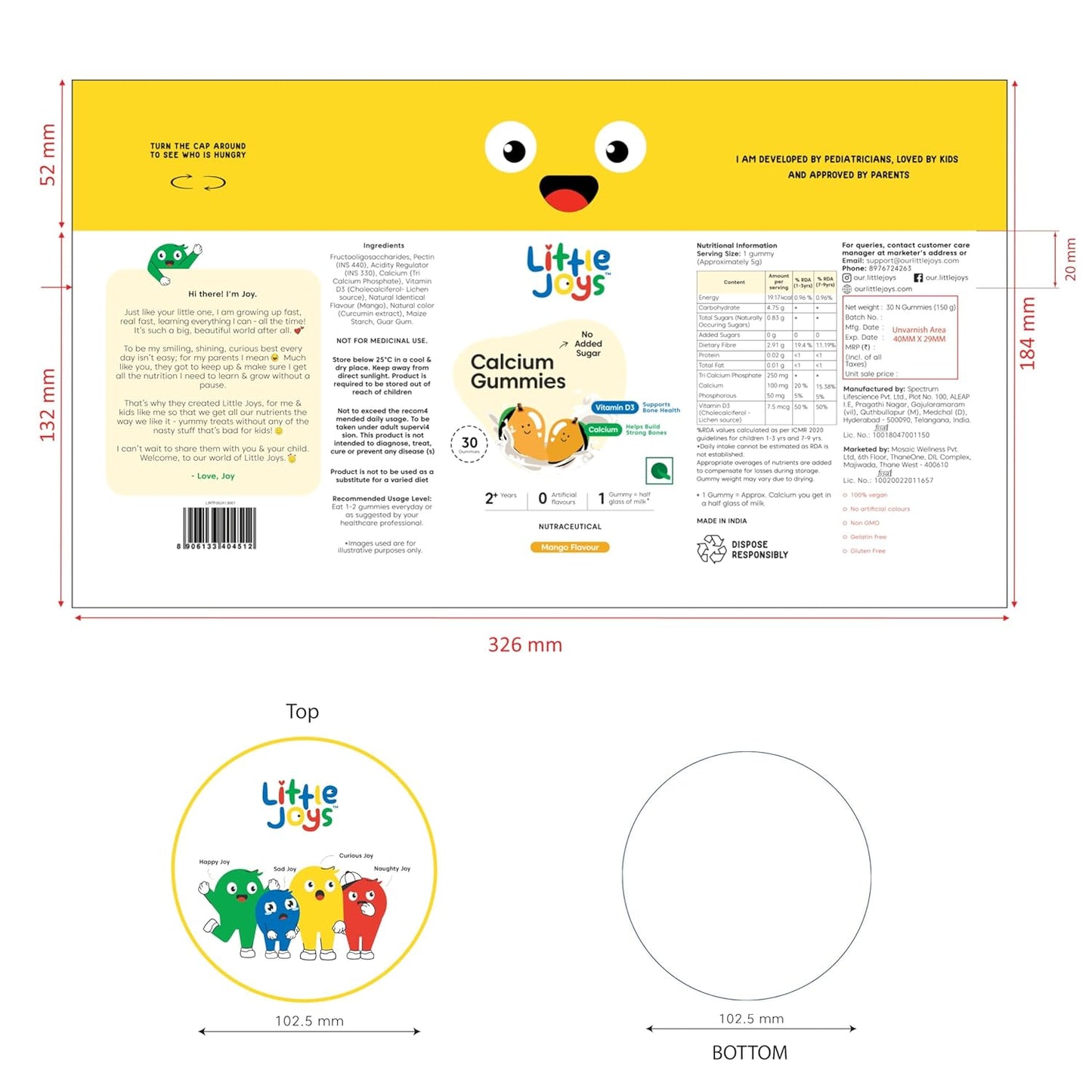 Little Joys Calcium Gummies for Kids (2+ years) With No Sugar Added | For Stronger Bones, Joints, Teeth & Immunity | Mango Flavour | 30 Gummies