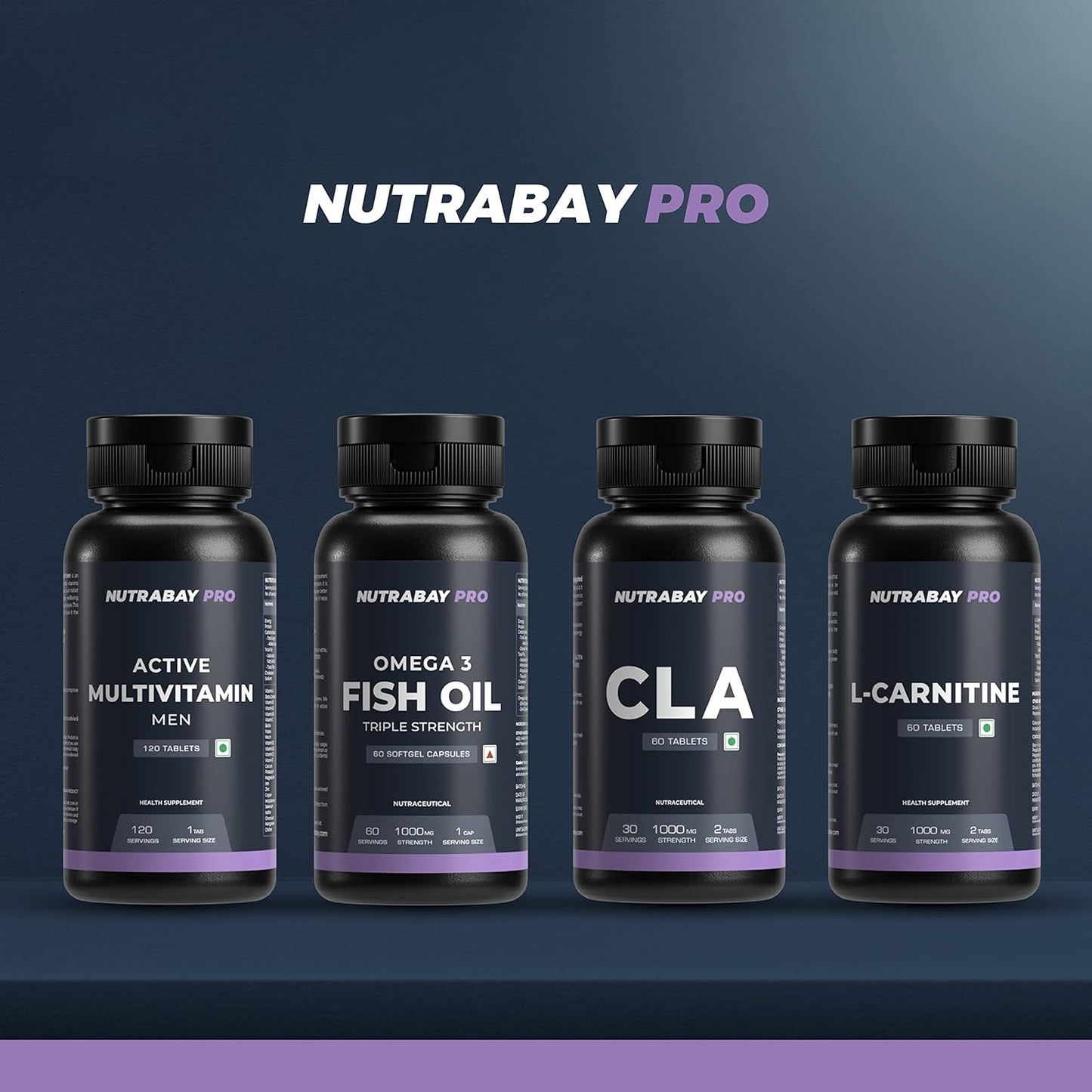 Four Nutrabay Pro supplement bottles on a dark background