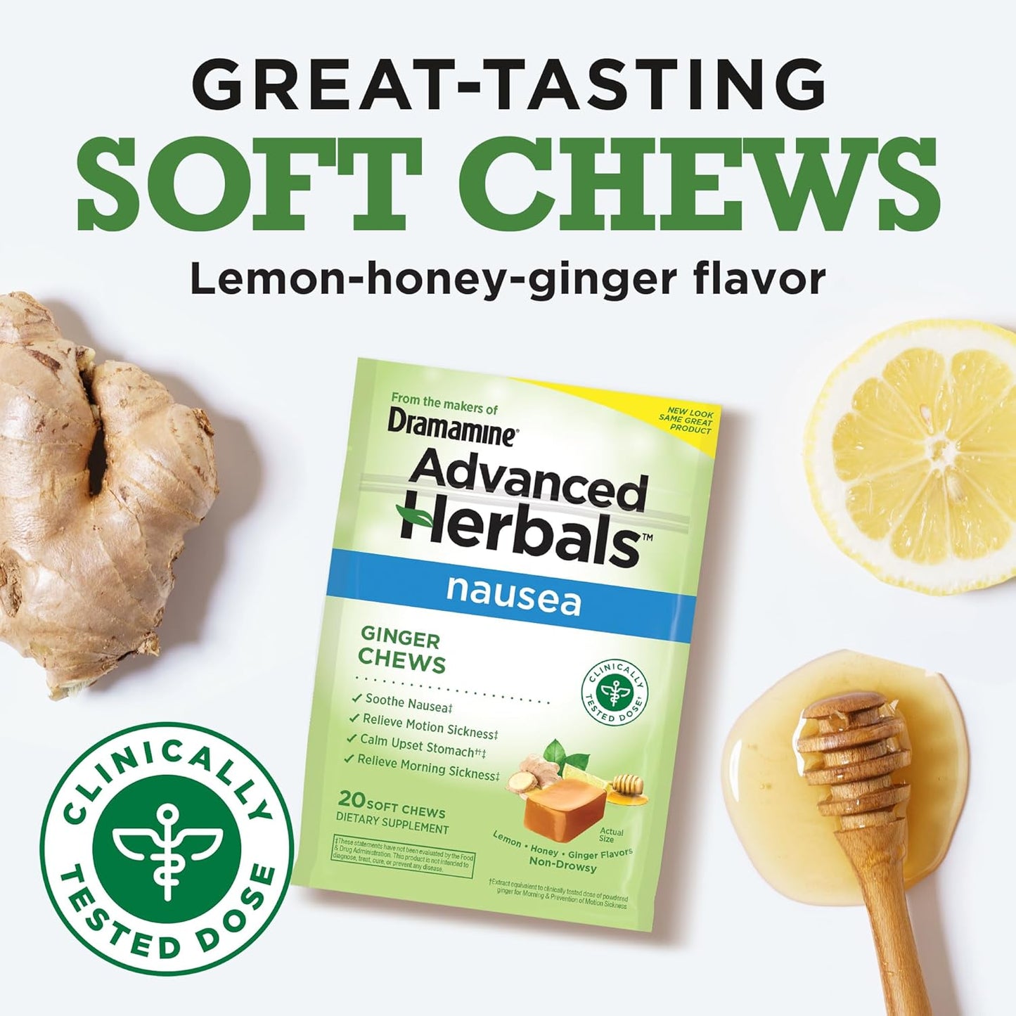 Dramamine, Advanced Herbals, Ginger Chews, Nausea Relief Soft Chews Lemon-Honey-Ginger, 20 Count