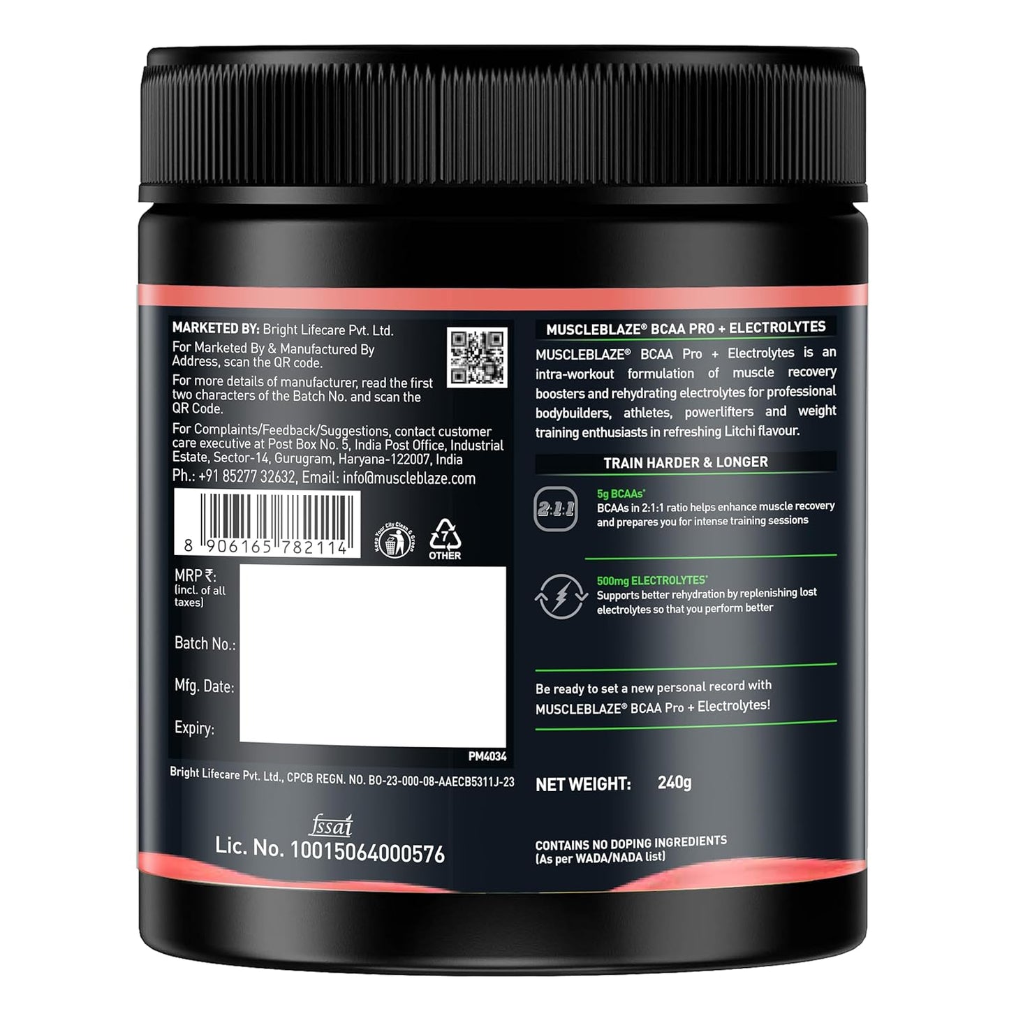 MuscleBlaze BCAA Pro Powder, Powerful Intra Workout (Litchi, 240g, 30 Servings) | With 5g BCAAs & 500mg Electrolytes