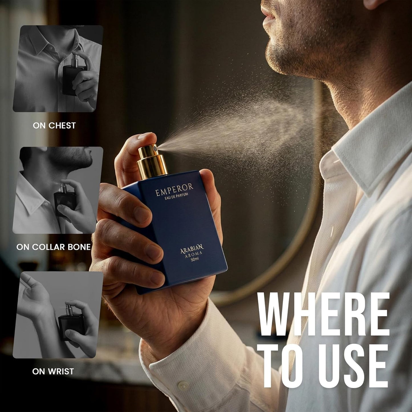 Man using a blue Armani cologne spray with application tips on screen