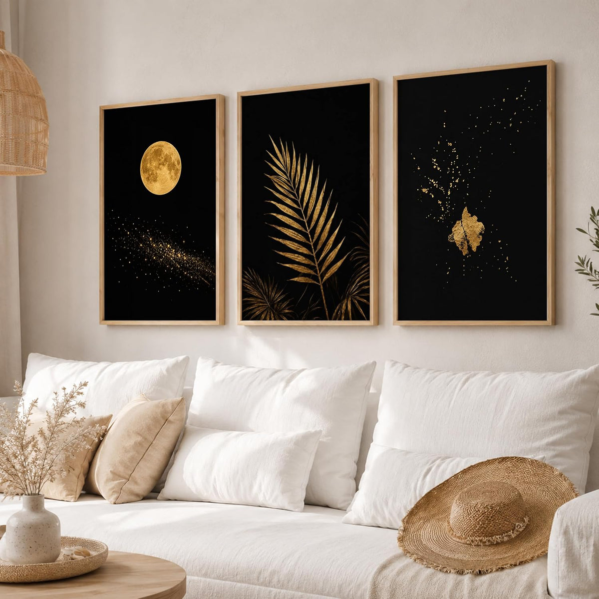 Set of 3 Moon & Golden Palm Leaf Wall Art Paintings for Living Room | Modern Luxury Black Gold Wall Decor | Framed Wall Paintings for Bedroom, Hall, Office & Home Decoration (13x19 Inches)