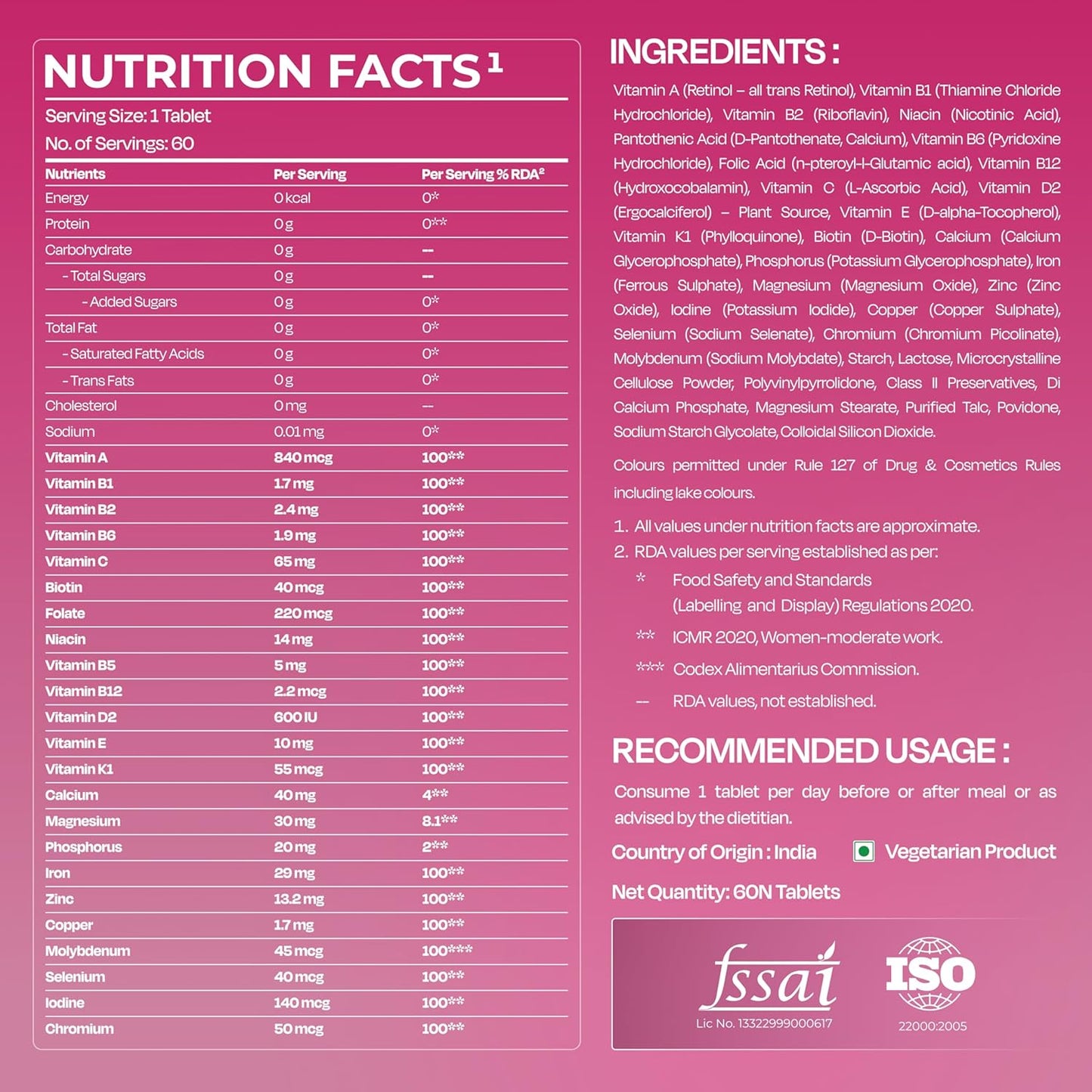 Nutrabay Pro Active Multivitamin for Women – Effective Doses of Iron, Vitamin A, B5, B6, C, D, E & K and Minerals – Immunity, Hair, Skin & Bone Support – 60 Tablets | 100% RDA Dosage | Purity Tested