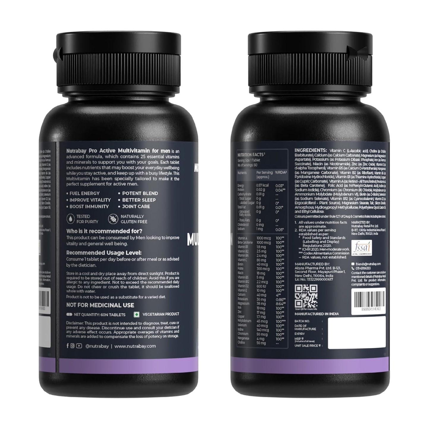 Nutrabay Pro Active Multivitamin for Men with Zinc, Magnesium, Vitamin B,C,A,E – Enhances Energy, Immunity & Better Sleep– 60 Veg Capsules | 100% RDA for Viamins & Minerals | Purity Tested Supplement