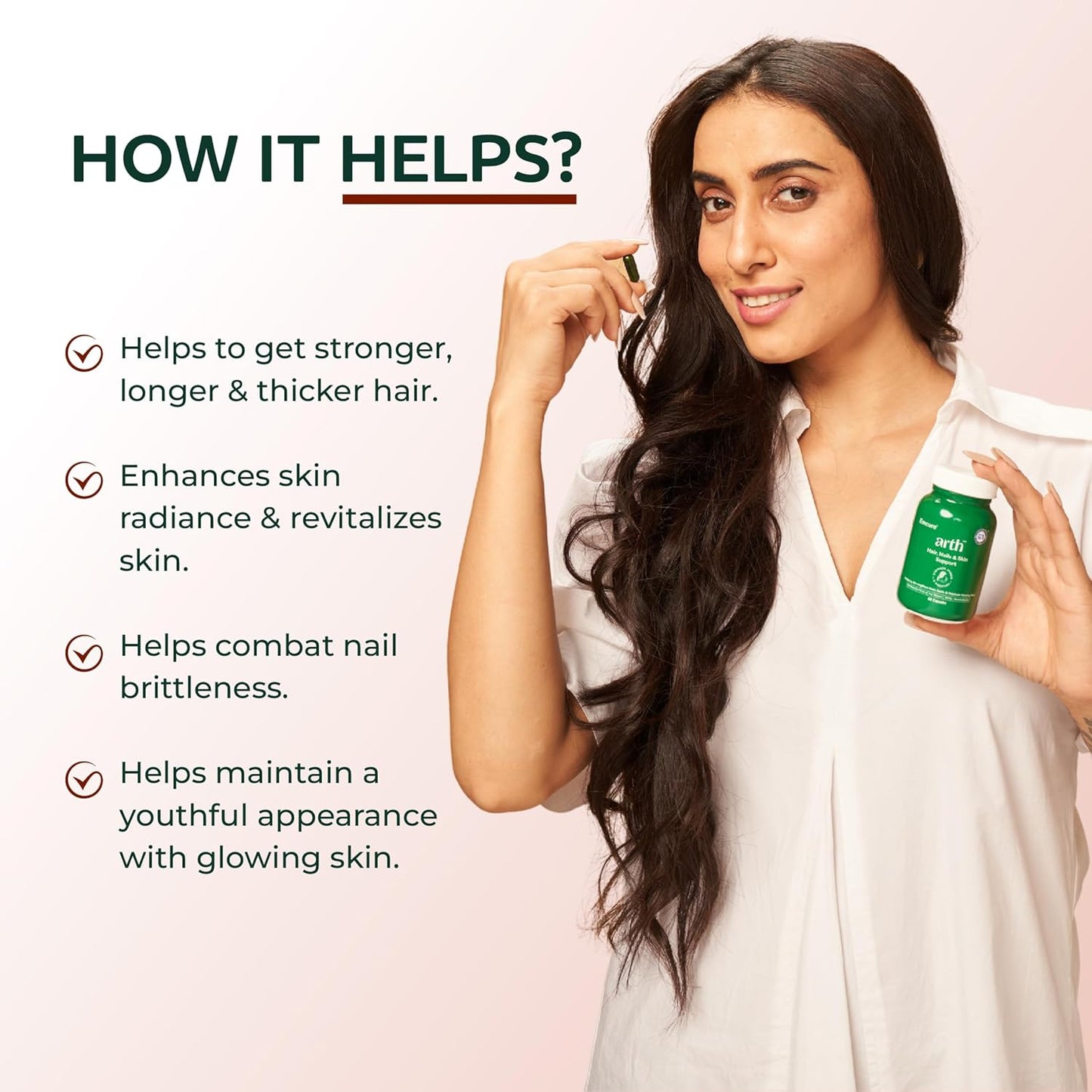 Arth Hair, Nails & Skin Support | Biotin Capsules for Hair Growth with Keratin Builder & Essential Vitamins| Hair Regrowth Supplement |Biotin Supplement | Emcure Pharmaceuticals Ltd. | 60 Veg Capsules
