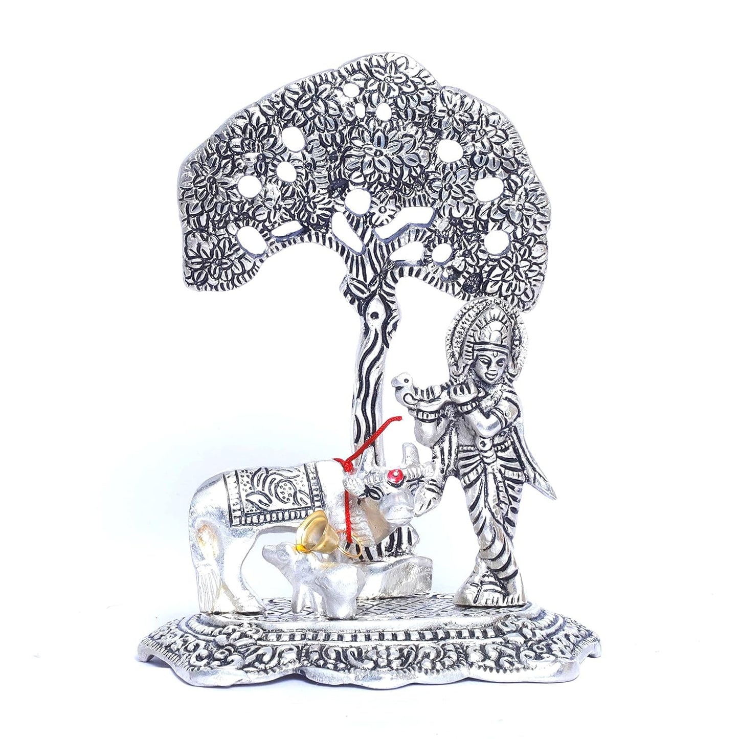 KridayKraft Silver Plated Kamdhenu Cow with Krishna Standing Under Tree Plying Flute Metal Statue,Krishna Murti Idol for Pooja & Decor Your Home,Office,Showpiece