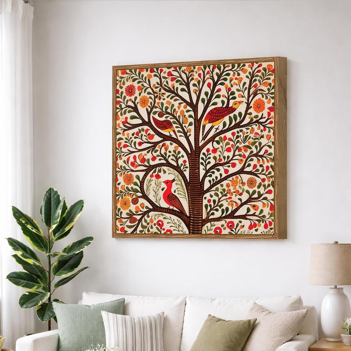 Madhubani Tree of Life Framed Painting For Living Room | Indian Folk Tree and Birds Large Canvas Painting With Frame Wall Art For Bedroom, Hallway's, Office, Hotel, Size 58x58 cm