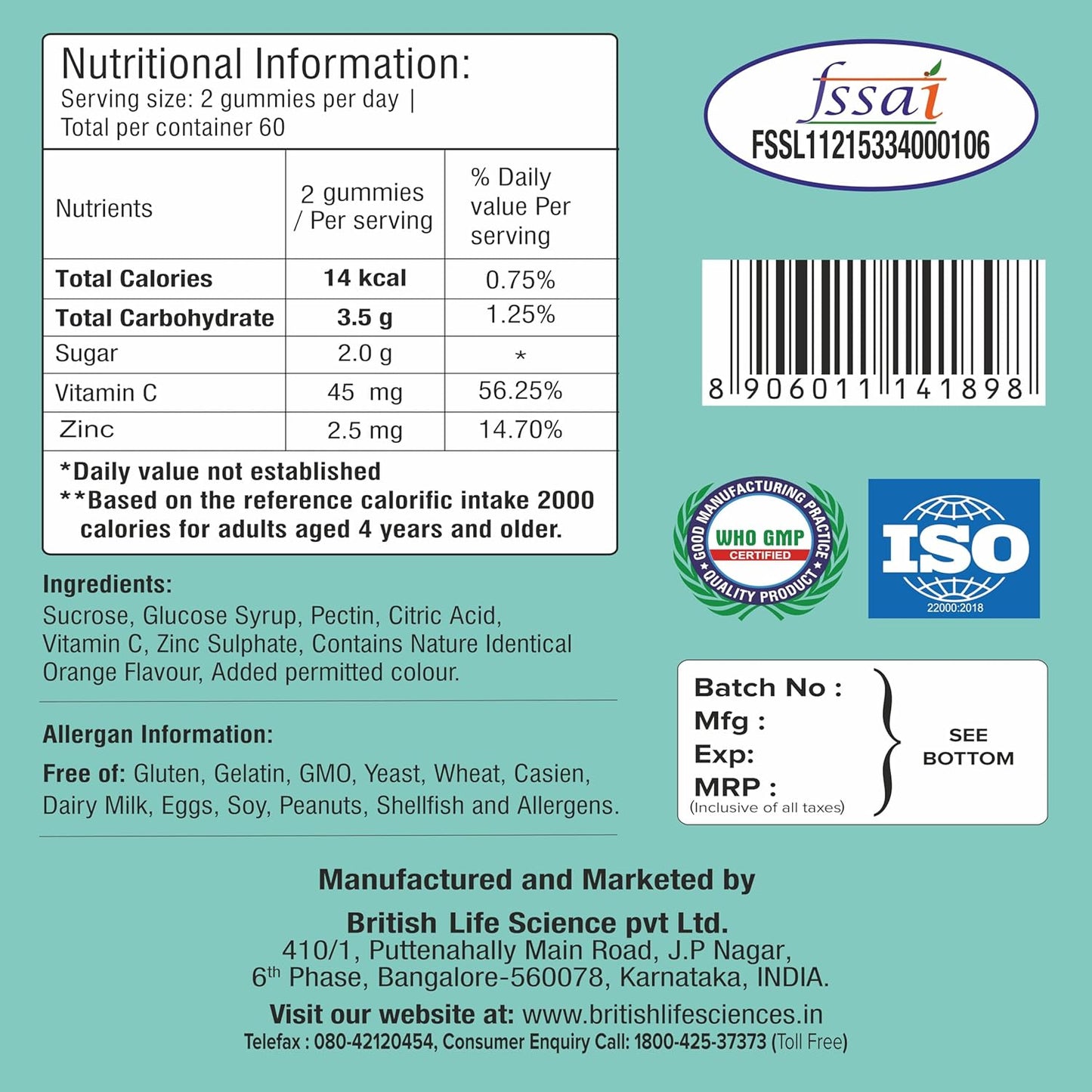Nutritional information label and product details on a teal background