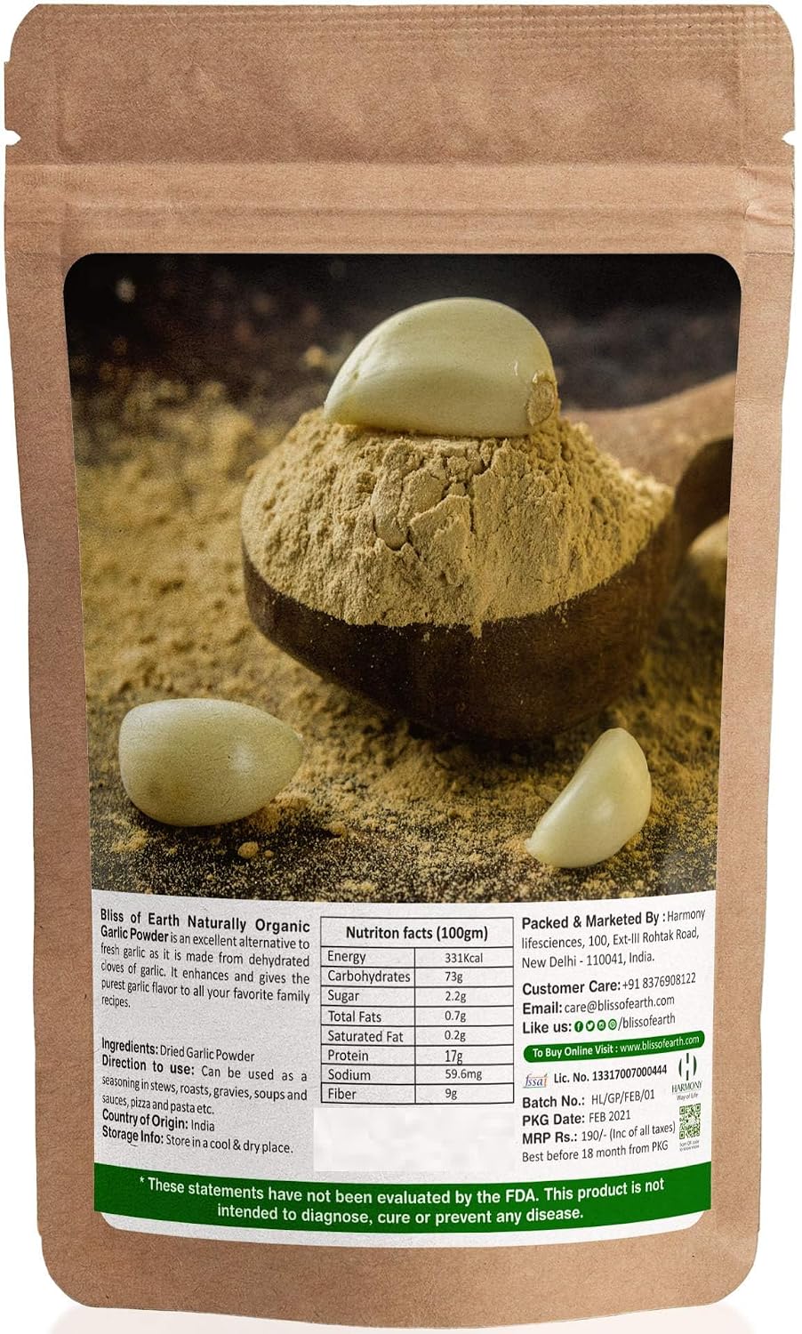 Bliss of Earth 200gm Naturally Organic Garlic Powder Dried For Cooking