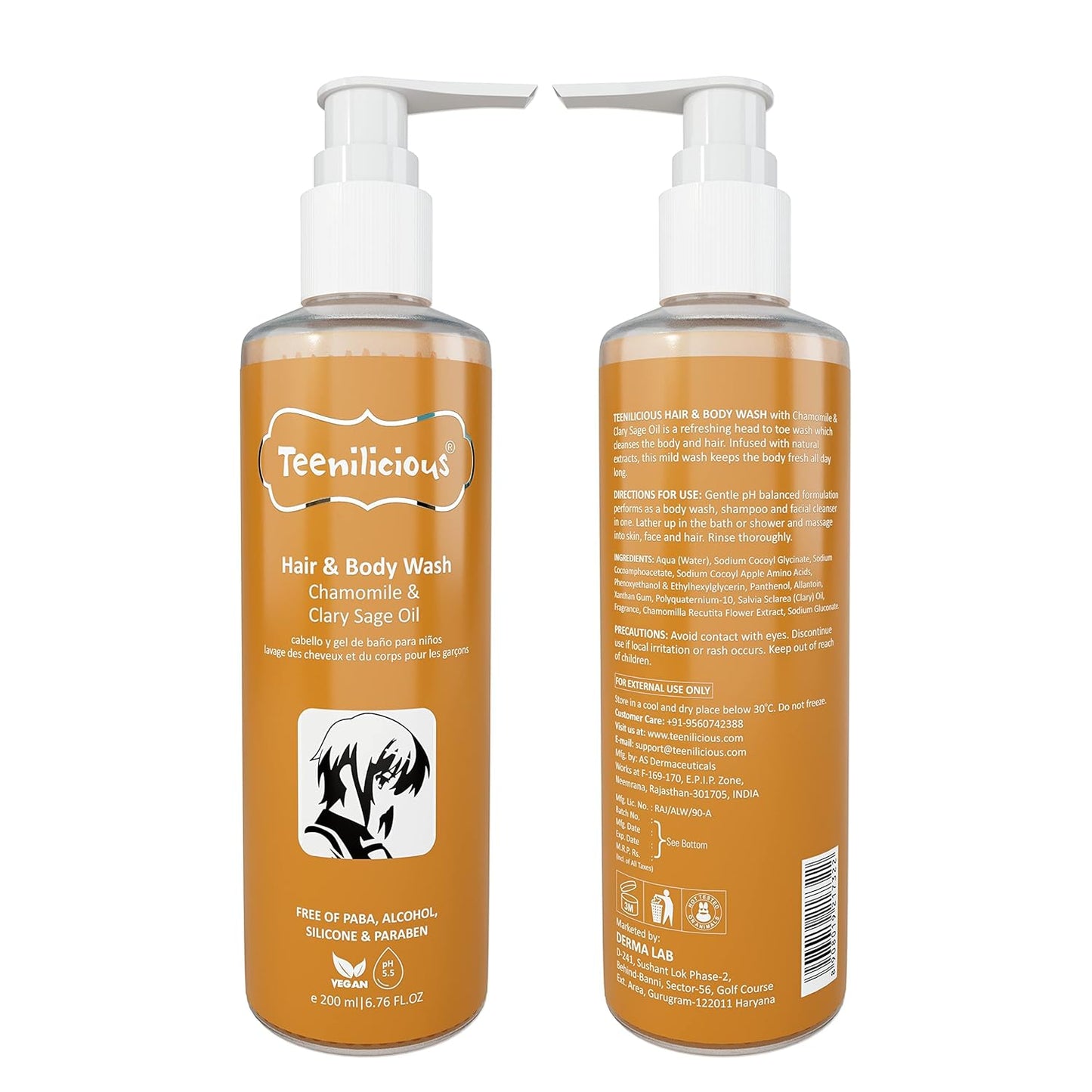 Teenilicious Hair & Body Wash With Chamomile & Clary Sage Oil | Body Wash For Men & Women | Free From Alcohol, Silicones, Paraben & Sulphates | All Skin & Hair Type - 200ml
