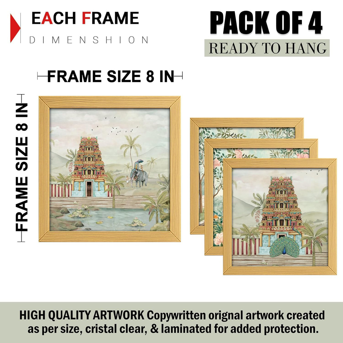 Rousrie Aesthetic Madhubani Art Paintings For Living Room, Bedroom, Multicolor, Natural Wood Color Frames, 8.0 x 8.0 inch, Set of 4