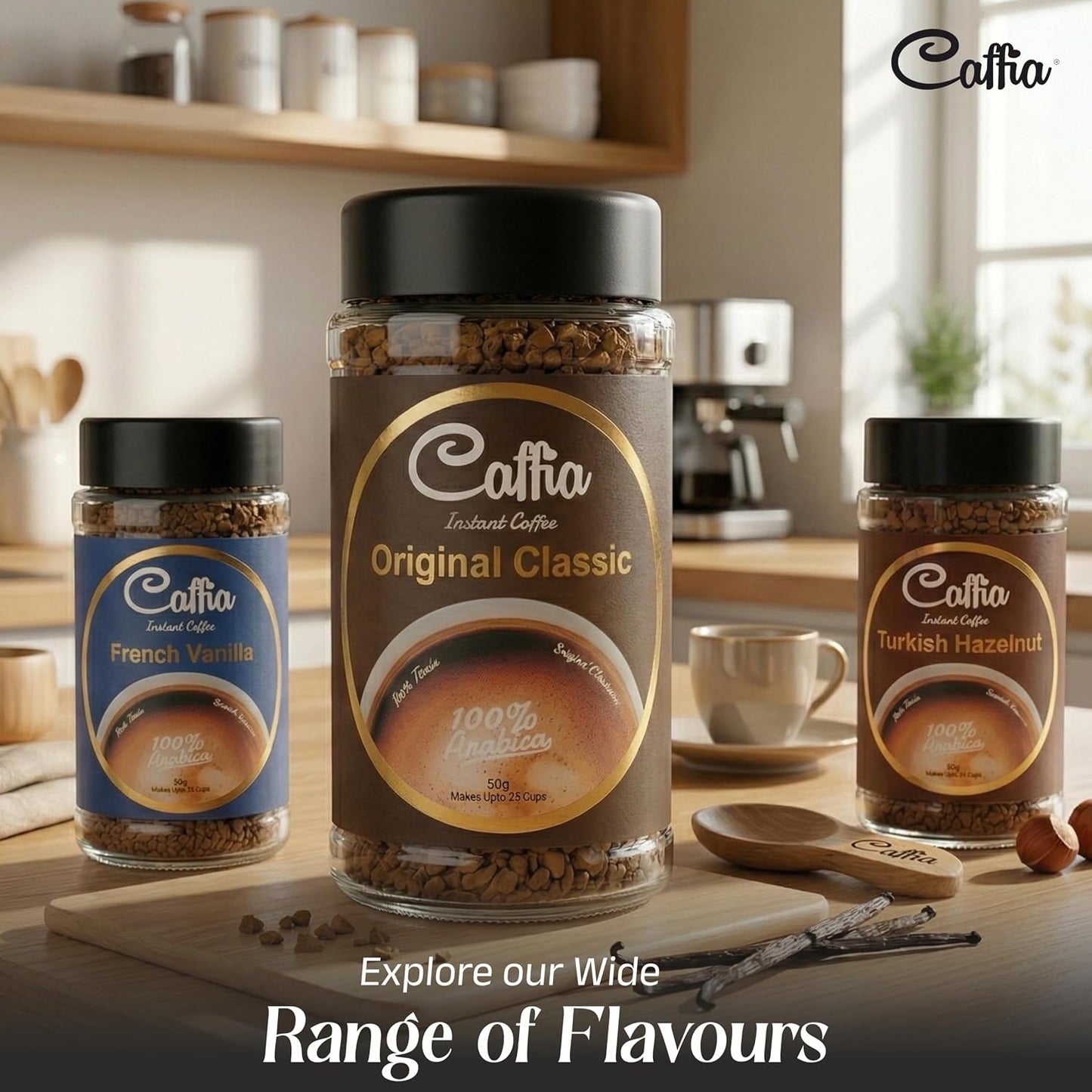 CAFFIA Original Classic 100% Arabica Instant Coffee | Freeze Dried Coffee Powder - 50g | Make Cafe Style Hot or Cold Coffee, Black Coffee, Cappuccino, Latte at Home | Rich & Smooth Taste