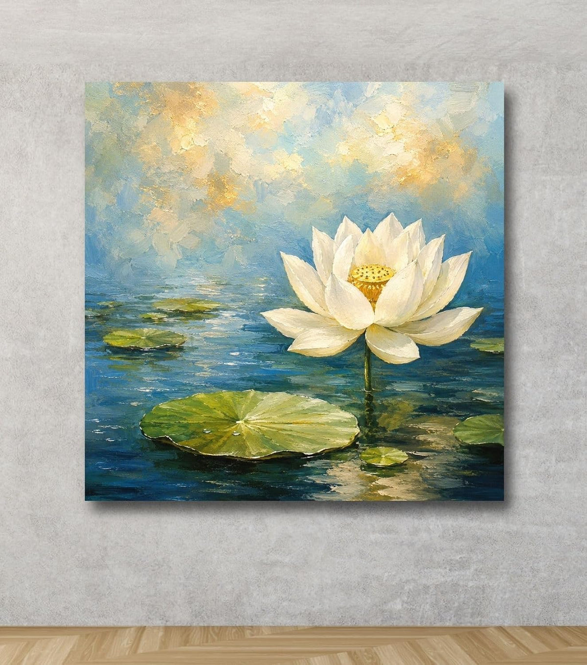 Lotus Flower Painting for Wall Vastu (15+ DESIGNS) Framed Lotus Canvas Painting for Living Room, Bedroom | Nature Floral Wall Art with Multiple Design Variations (White Single Lotus, 18x18 Inch, Framed)