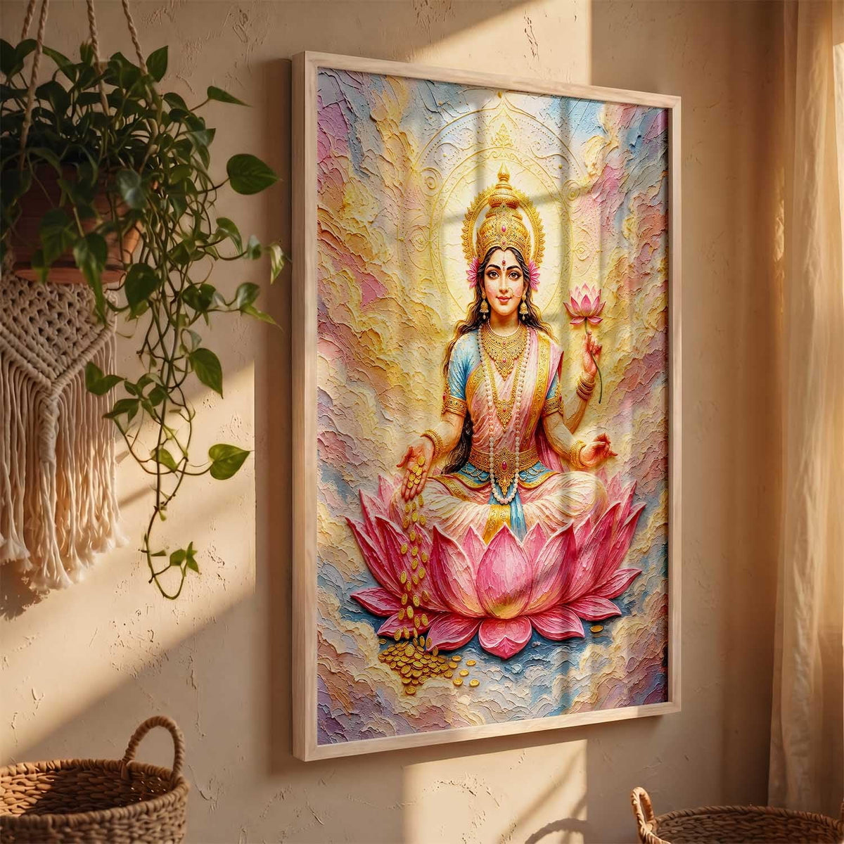 Hindu God Wall Art WALL ART Prints Framed Spiritual Religious Paintings for Living Room, Pooja Room, Bedroom, Office, Meditation Room, Home Decor (Saraswati ma, 13X19, Brown)