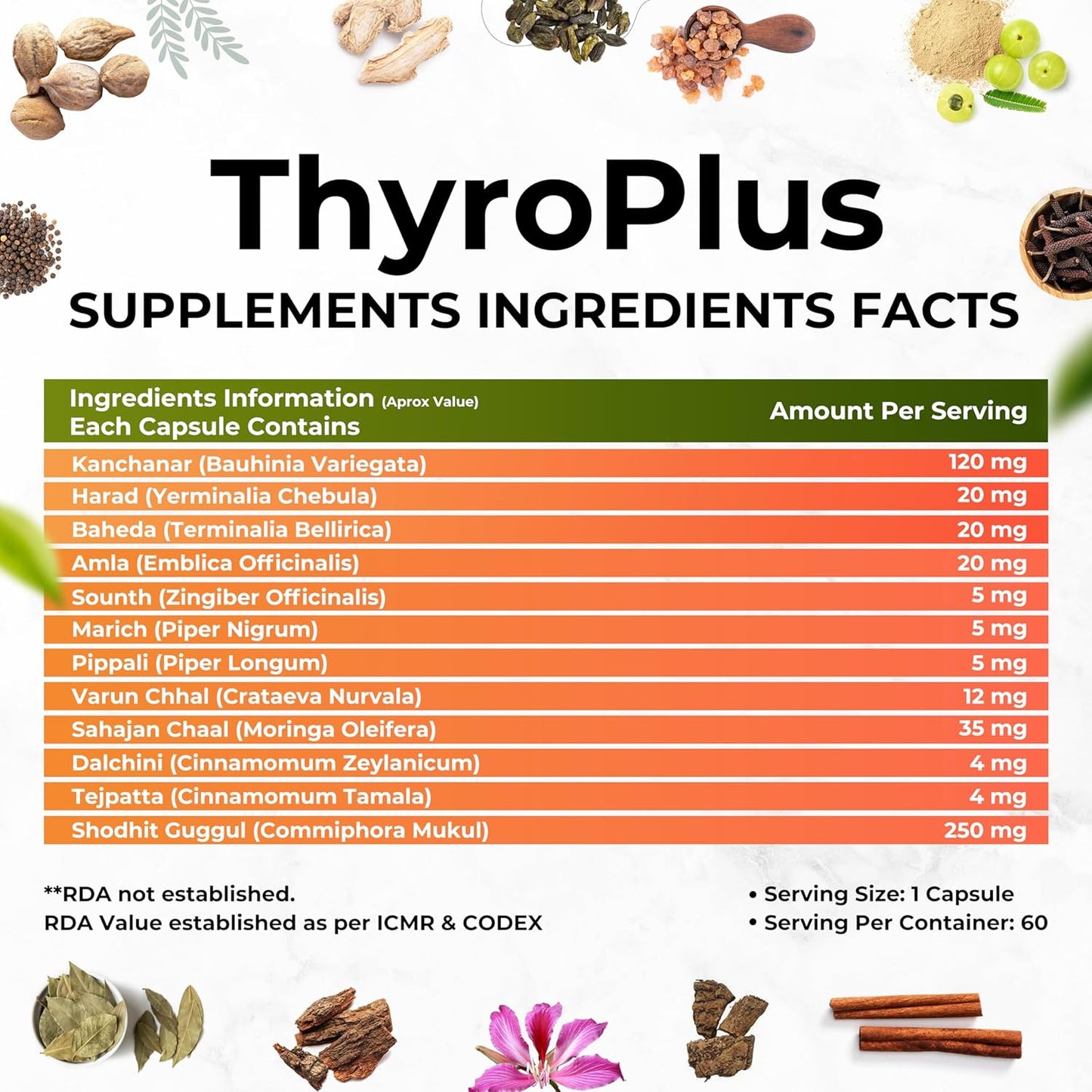 Zephivo Health Veda Organics Thyroplus Supplement - Rapid Action Formula – Kanchanar - Harad - Baheda - Amla-Sounth - Supports Thyroid Health –Healthy Cellular Metabolism - 60 Capsules