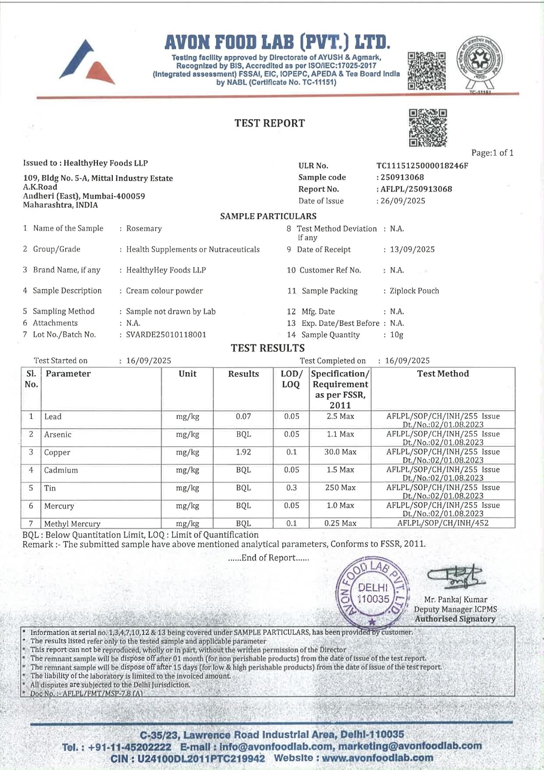Avon Food Lab test report for Healthify Me Foods LLP