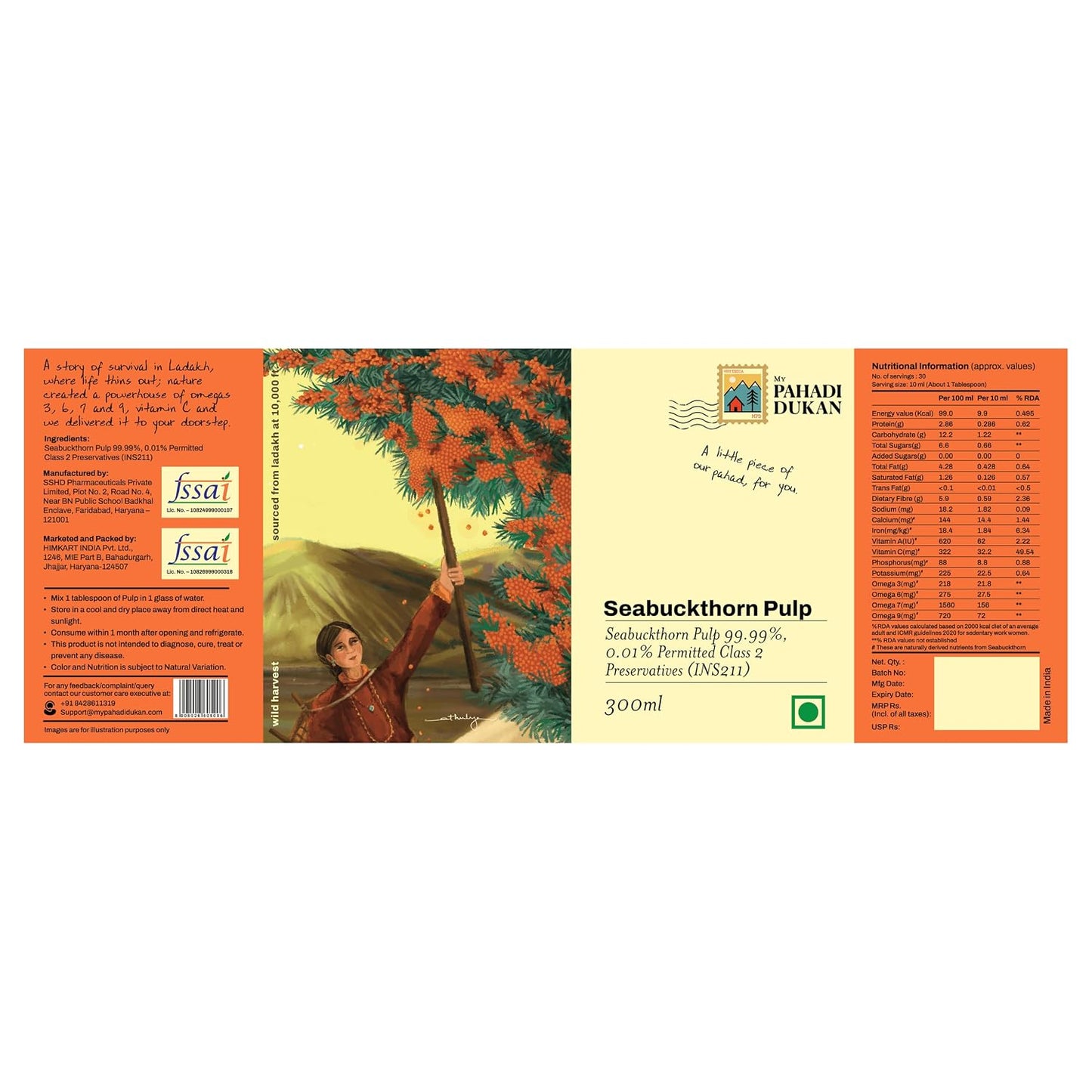 My Pahadi Dukan Himalayan Sea Buckthorn Pulp 300ml, Wild Berries, Rich in Omega 3 6 7 9 & Vitamin C, Herbal Seabuckthorn Juice, Supports Immunity, Skin & Gut Health, Lab Tested, Cold Pressed