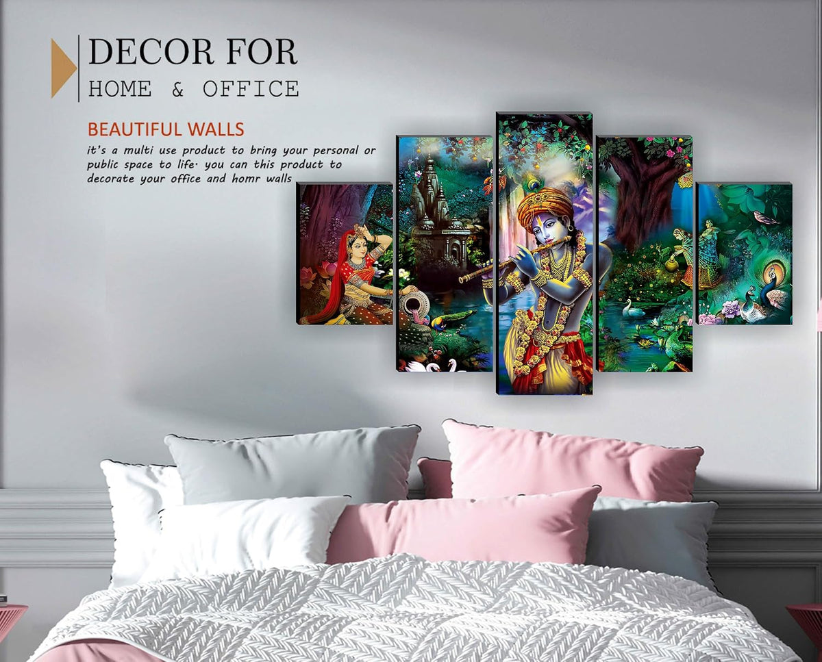 Radha Krishna wall Painting for Living Room | Painting for Wall Decoration | Wedding Gift for Couples | 3D Painting for Bedroom | Abstract Painting Set of 5 (75x45 cm) SAFPNLS32218