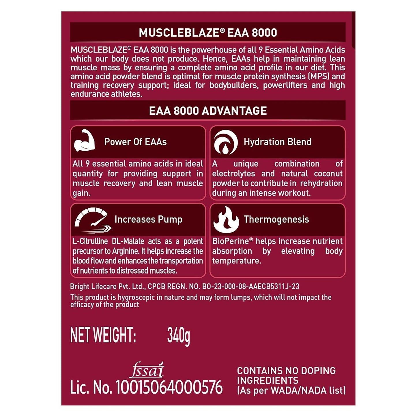 MuscleBlaze EAA 8000 Powder (Razz Lemonade, 340g, 25 Servings) | 8000mg EAAs Blend, 1000mg Hydration Blend | 750mg L-Citrulline