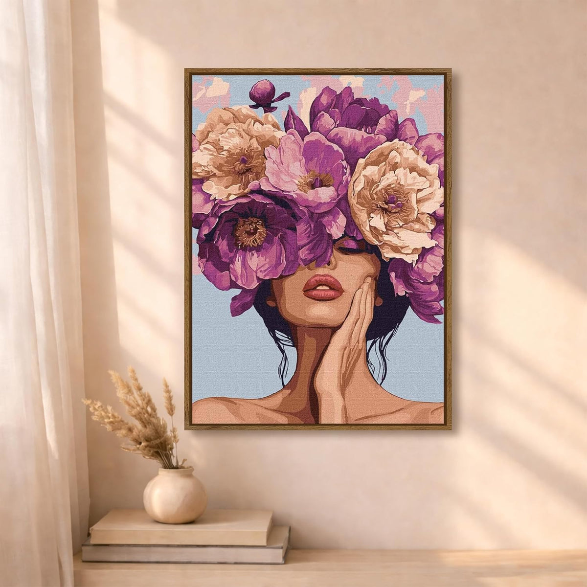 Floral Woman Portrait Framed Canvas Painting For Living Room | Aesthetic Flower Face Wall Art For Livingroom Wall Decor, Home Decor, Bedroom, Hallway's, Office, Hotel - 43x58 cm