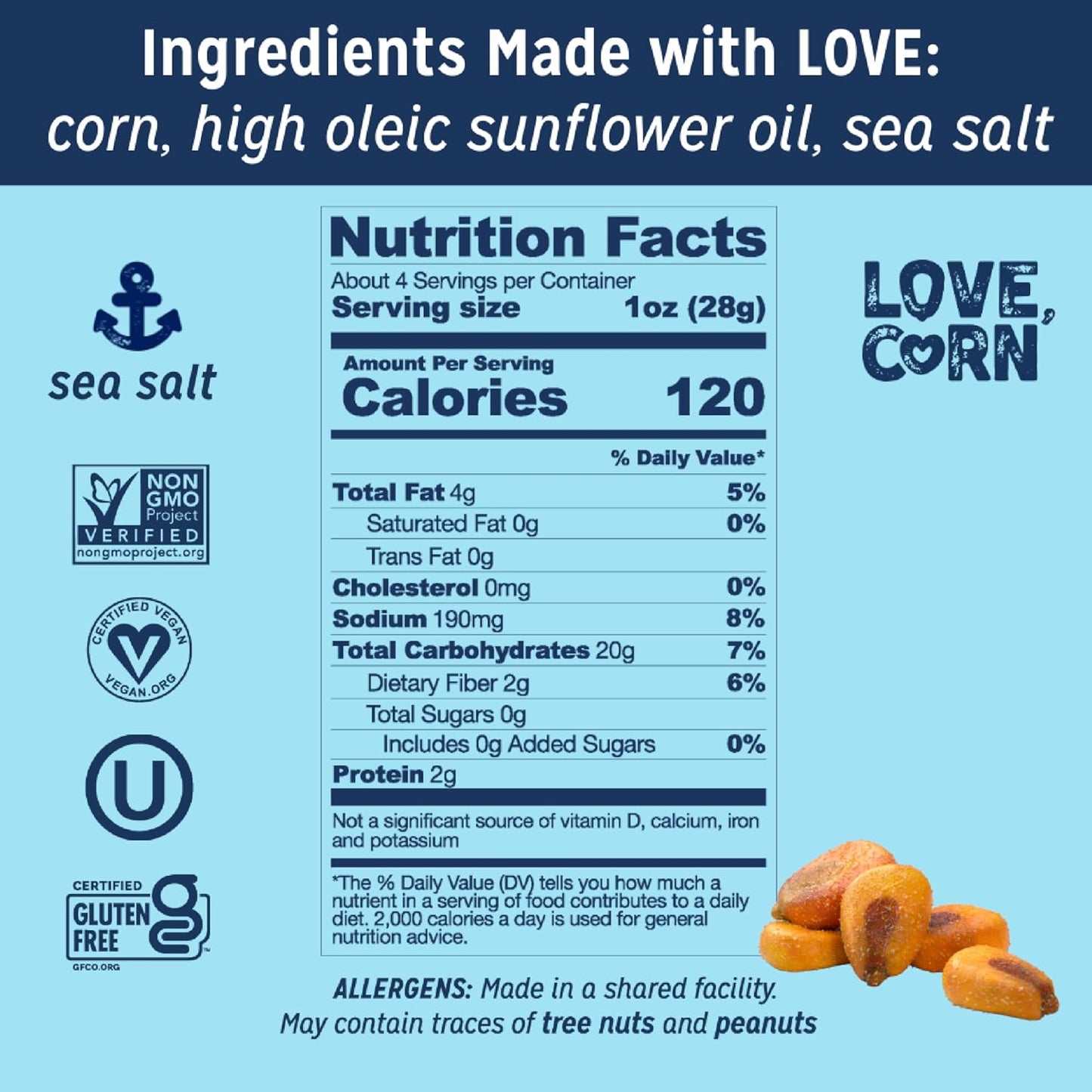 LOVE CORN Sea Salt | Delicious Crunchy Corn Natural Snack | 4 Ounce x 1 Bag | Non-GMO, Low-Sugar, Gluten-Free, Plant Based, Vegan, Low Sugar