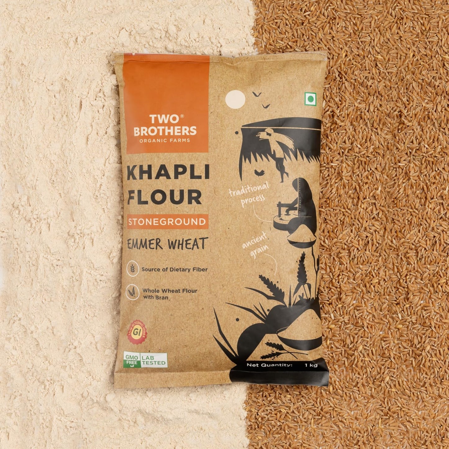 Two Brothers Organic Farms - Khapli Wheat Flour (1 kg) | High Dietary Fiber for Easy Digestion | Stoneground Emmer Wheat Flour | Khapli Atta