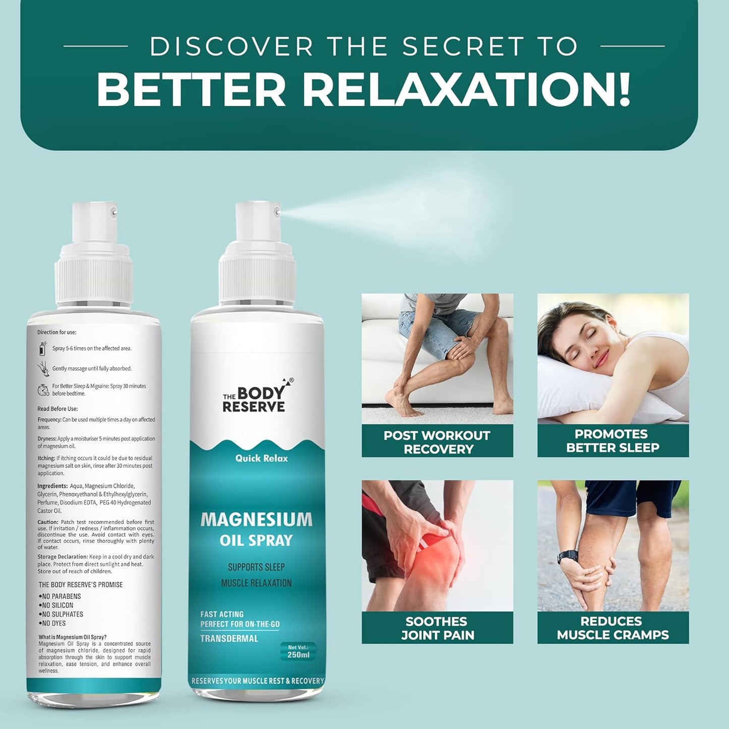 Body Reserve magnesium oil spray with benefits on a light blue background