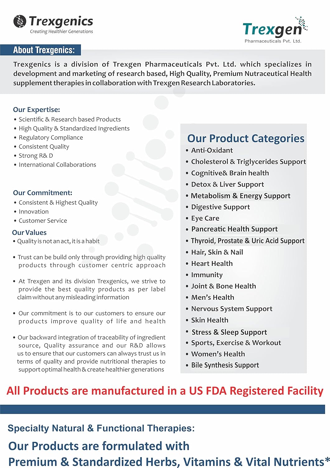 Brochure or document about Trexgenics, a division of Trexgen Pharmaceuticals, detailing their expertise, product categories, and manufacturing information.