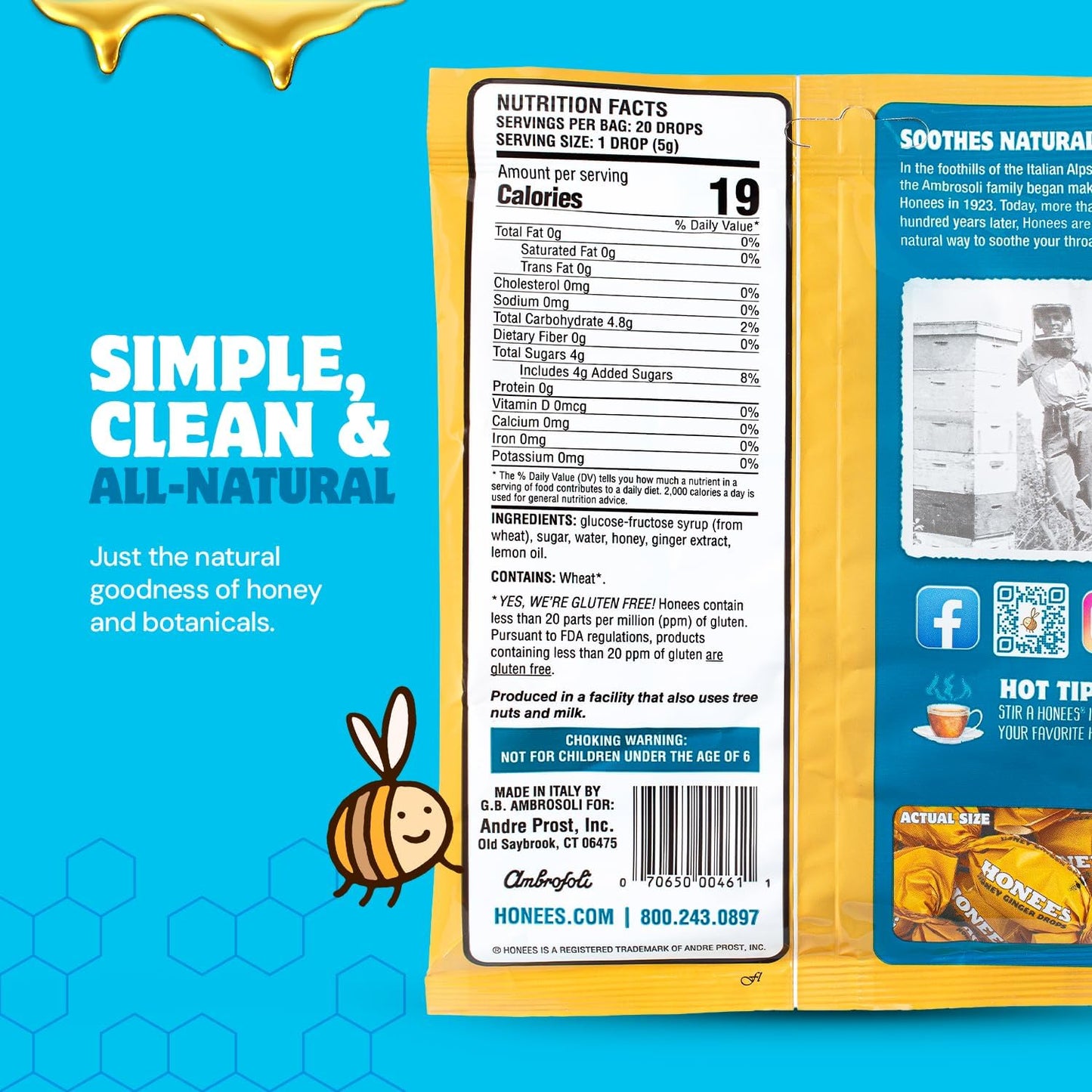 Honees Filled Honey Ginger Drops, Natural Cough Drops- Pure Ginger Sore Throat Relief - Nothing Artificial -Throat Coat Lozenges, Natural Cough Suppressant, Non-GMO, Gluten Free (1 Pack – 20 Drops)