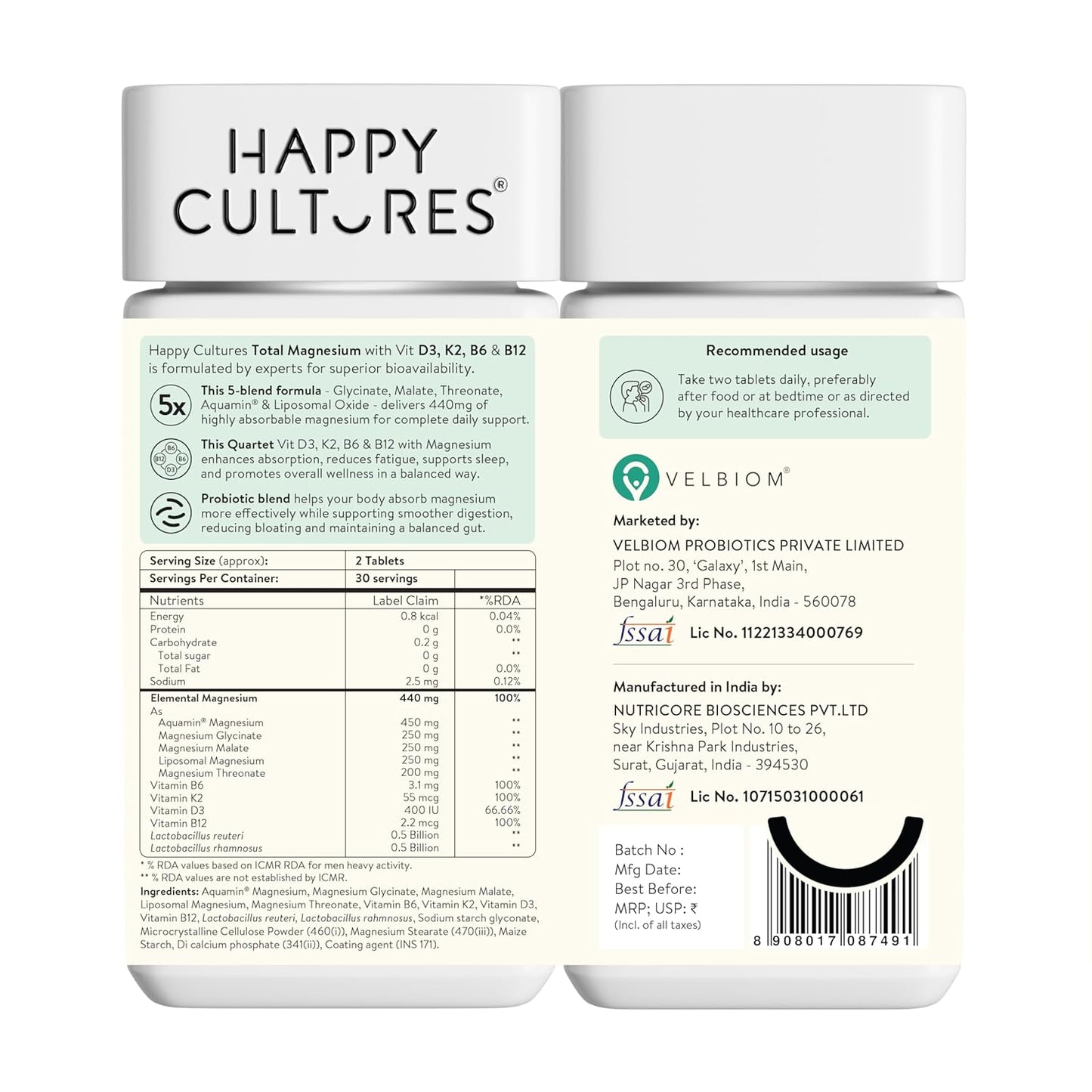 Happy Cultures 5X Total Magnesium Glycinate | 1400mg Blend of 5x Mg Complex | 440mg Elemental Magnesium | Vitamin D3, K2, B6, B12 | Promotes Deep Sleep, Muscle Recovery & Heart Health | 60 Tablets