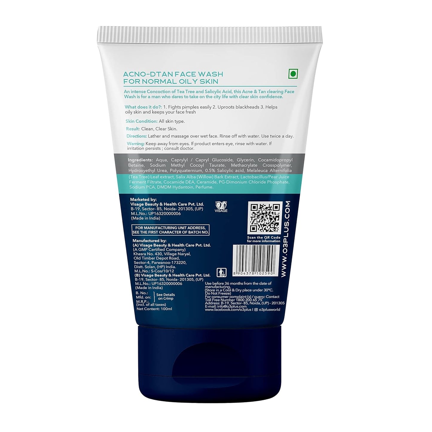 O3+ ALPHA MEN Acno D-TAN Face Wash with Tea Tree 100g for Oily Skin | Detan Face Wash for TAN Removal | Removes Acne and Dirt