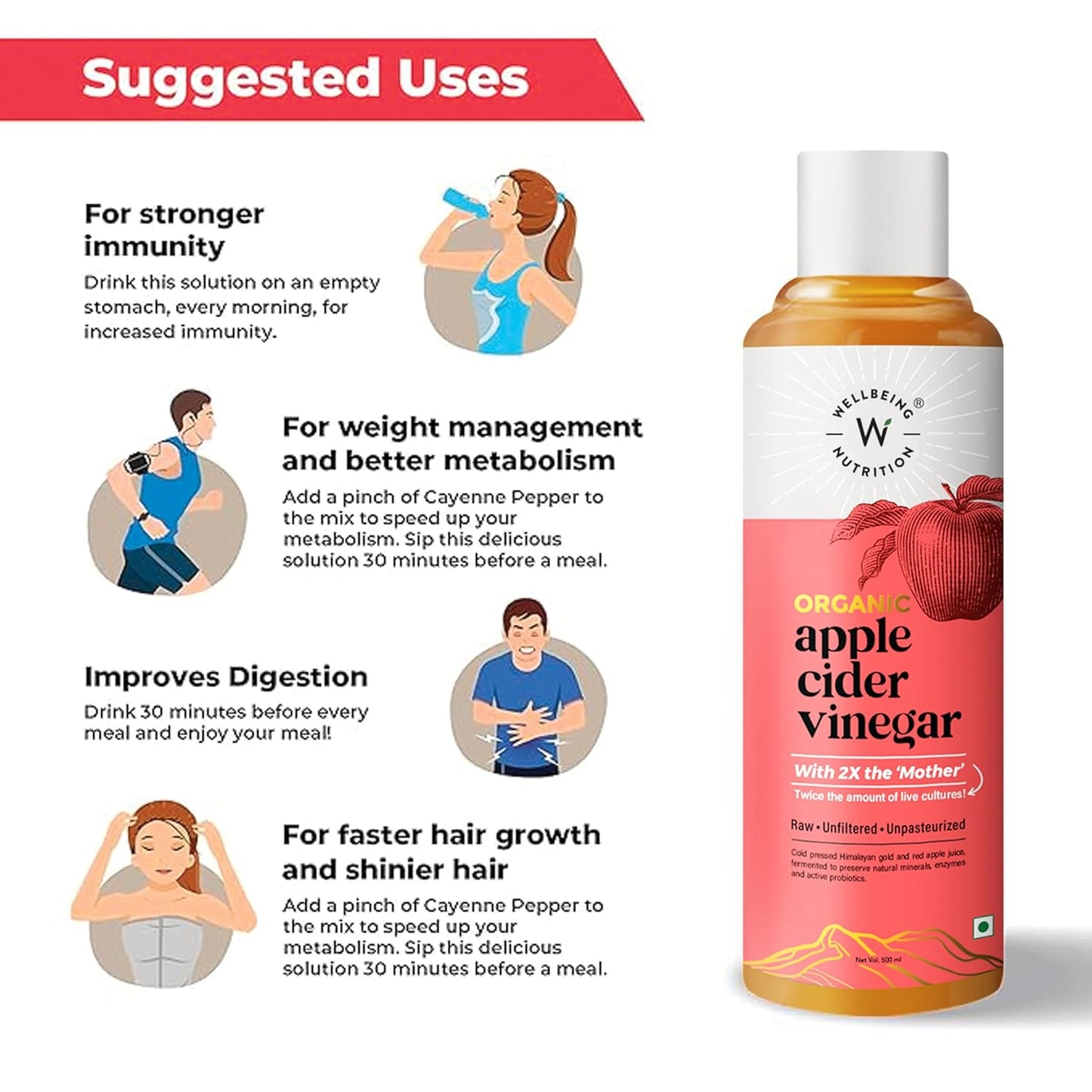 Wellbeing Nutrition Organic Himalayan Apple Cider Vinegar (ACV) with Mother of Vinegar | 2X Strands of Probiotic and Enzymes | Raw, Unfiltered, Unpasteurized | 500ml