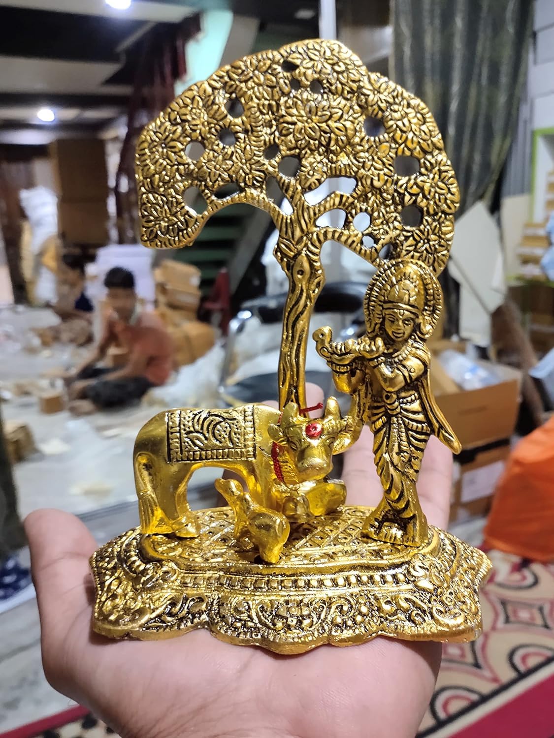 Premium Golden Finish Metal Krishna Playing Flute with Cow Sculpture, Decorative Hindu God Murti for Mandir, Office, Festive Gift and Home Decoration