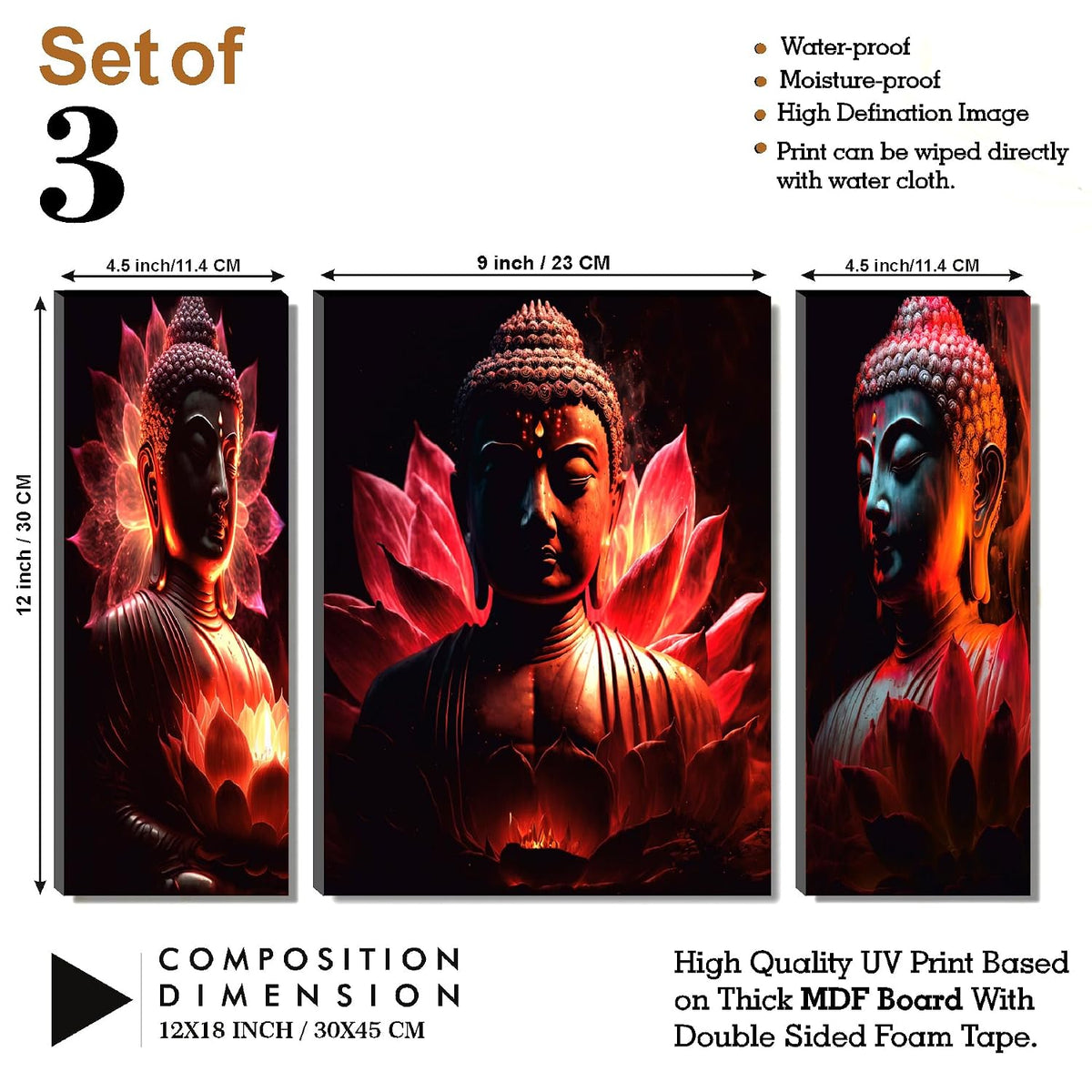 Radiant Red Lotus Buddha Wall Art – 3-Panel UV-Printed Spiritual Triptych | Ready-to-Hang Zen Meditation Home Décor (20 Inch x 12 Inch) JM-35303