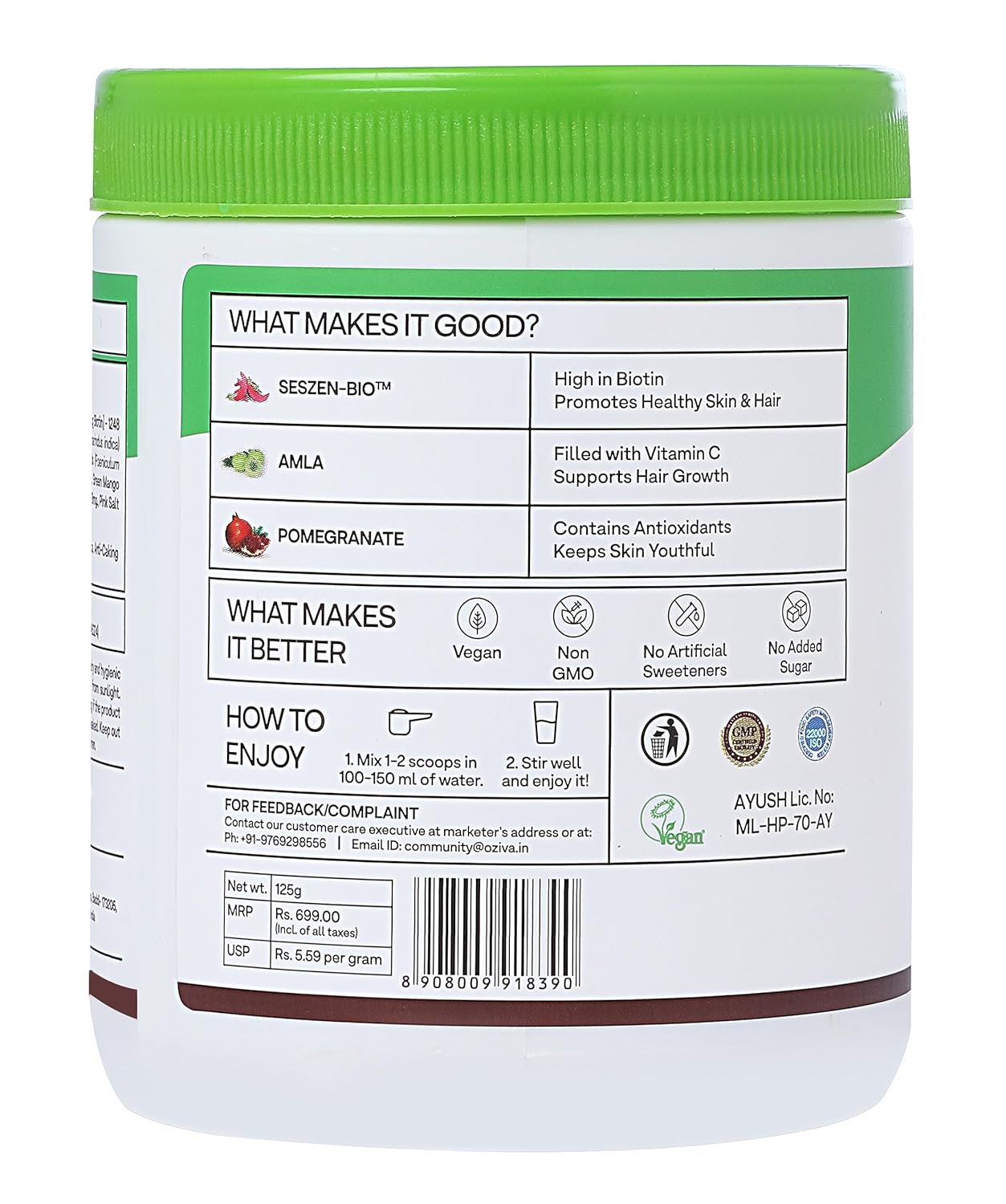 OZiva Plant Based Biotin for Hair Growth| Biotin Powder for Increased Hair Density, Shinier Hair, Healthier Skin & Nails (With Silica, Sesbania Agati), Certified Clean & Vegan, 125g (Classic)