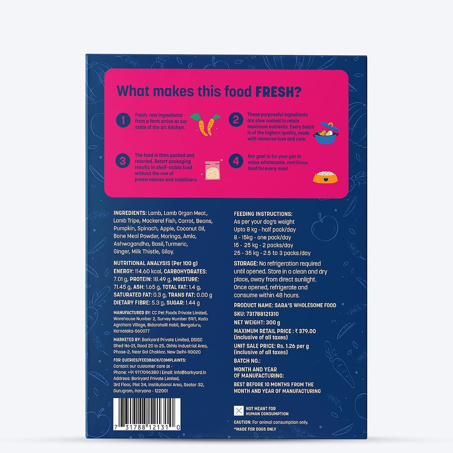 Sara's Wholesome by HUFT Grain-Free Lamb & Apple Dog Wet Food - 300 gm | Human Grade Ingredients | Gluten Free | Balanced Nutrition for All Life Stages