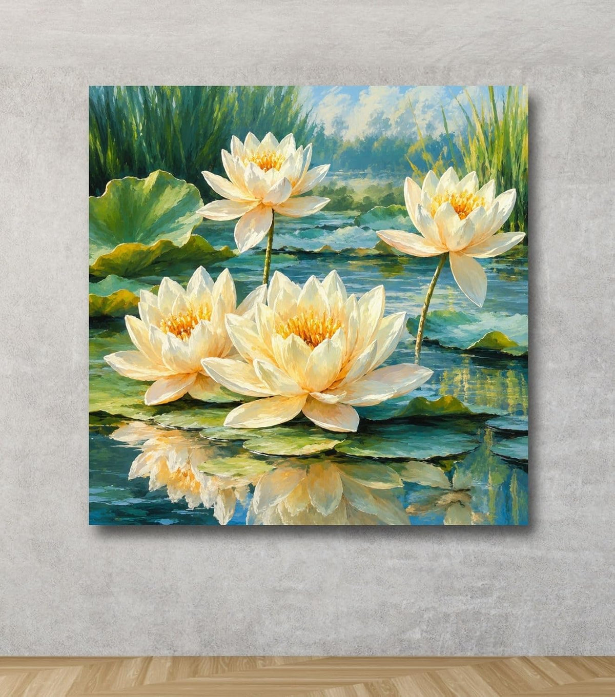 Lotus Flower Painting for Wall Vastu (15+ DESIGNS) Framed Lotus Canvas Painting for Living Room, Bedroom | Nature Floral Wall Art with Multiple Design Variations (Yellow White Lotus, 18x18 Inch, Framed)