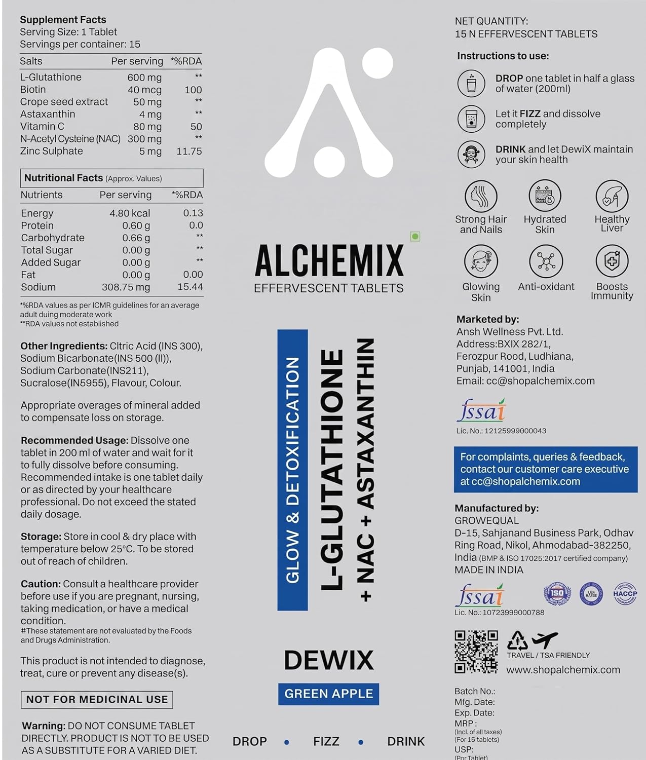 Alchemix Dewix L-Glutathione 600mg Effervescent Tablets with NAC 300mg, Astaxanthin, Vitamin C, Blueberry Flavor, Glow & Detoxification, Sugar-Free, 16 Tablets (1, Green Apple)
