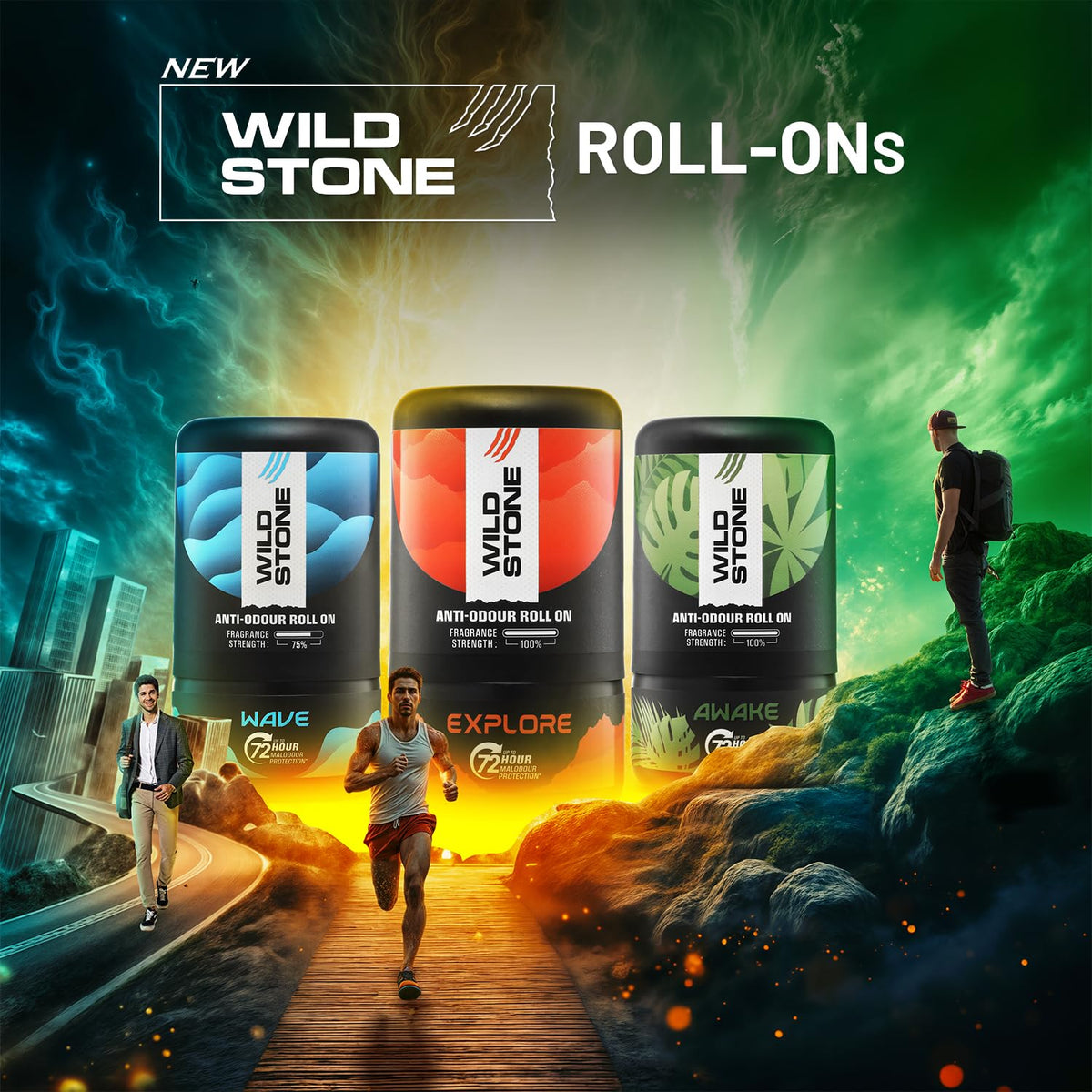 Promotional image for Wild Stone roll-ons with product packaging and a person running on a path.