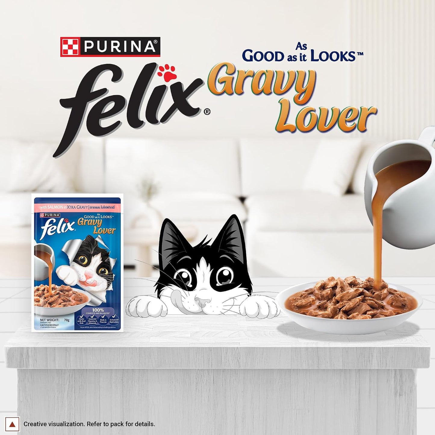 Purina Felix Salmon Gravy Lover, Wet Food for Adult Cats, 70g Pouch | With Salmon in Gravy, Tasty Meaty Chunks, 100% Complete & Balanced Nutrition, Vitamins D & E, Omega 6, Essential Minerals