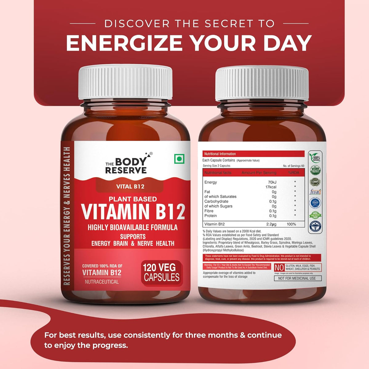 Two bottles of The Body Reserve Vitamin B12 supplement on a red and pink background with promotional text.