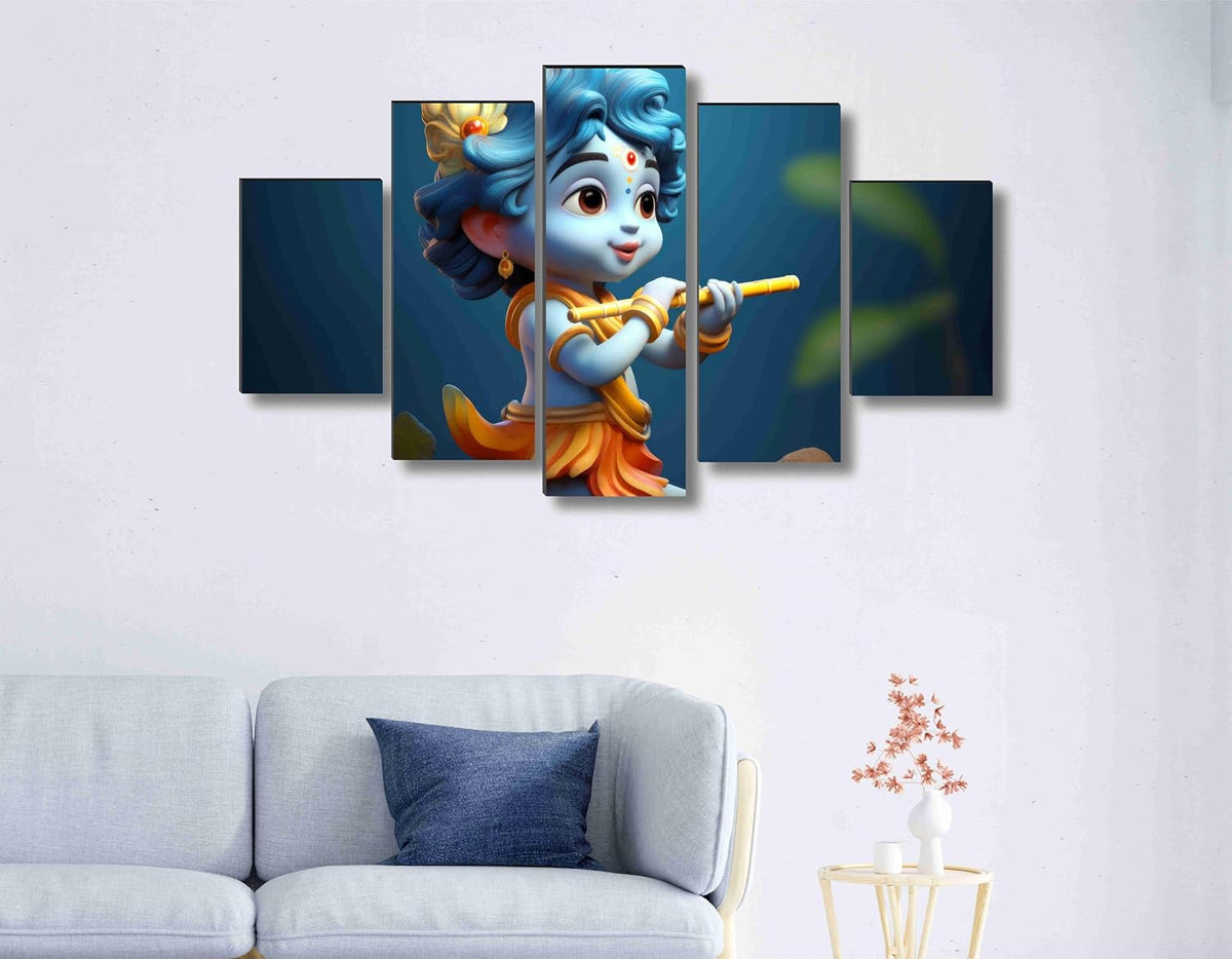 Bal krishna Paintings for Living Room | Painting for Wall Decoration | 3D Wall Art for Bedroom | Kanha Religious Wall Painting Set of 5 (75 x 45 cms) SANFPNLS35516