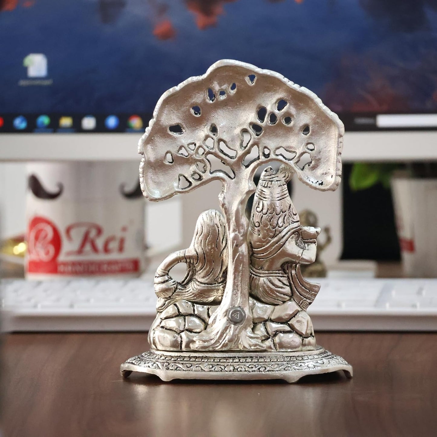 KridayKraft Metal Radha Krishna Idol with Under Tree Decorative Showpiece Statue for Puja Room Home Office Desk Gift Items Ornate Metal Sculpture of Hindu Deities, 18 cm Height Silver