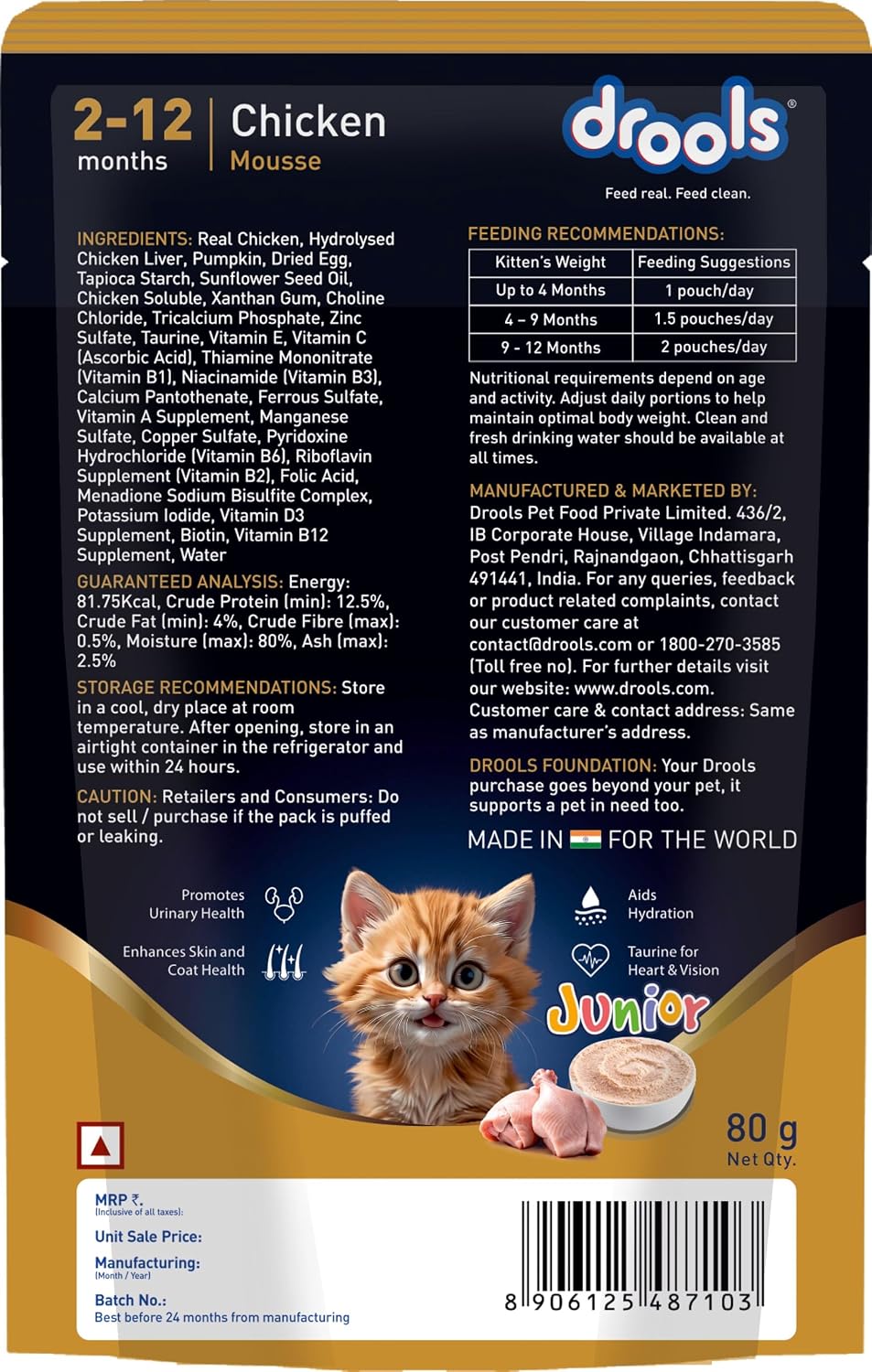 Drools Kitten Wet Mousse 80g | Chicken | High Protein | Supports Hydration & Easy Digestion | Grain Free | No Artificial Additives | Enriched with Vitamins & Antioxidants