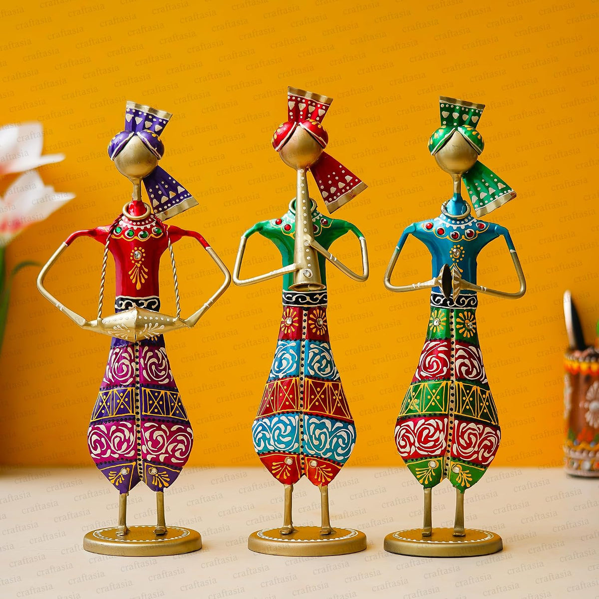 Handmade Iron Tribal Musician Set of 3 | Colourful Rajasthani Figurines | Table Decor Showpiece for Home, Office & Housewarming Gifts