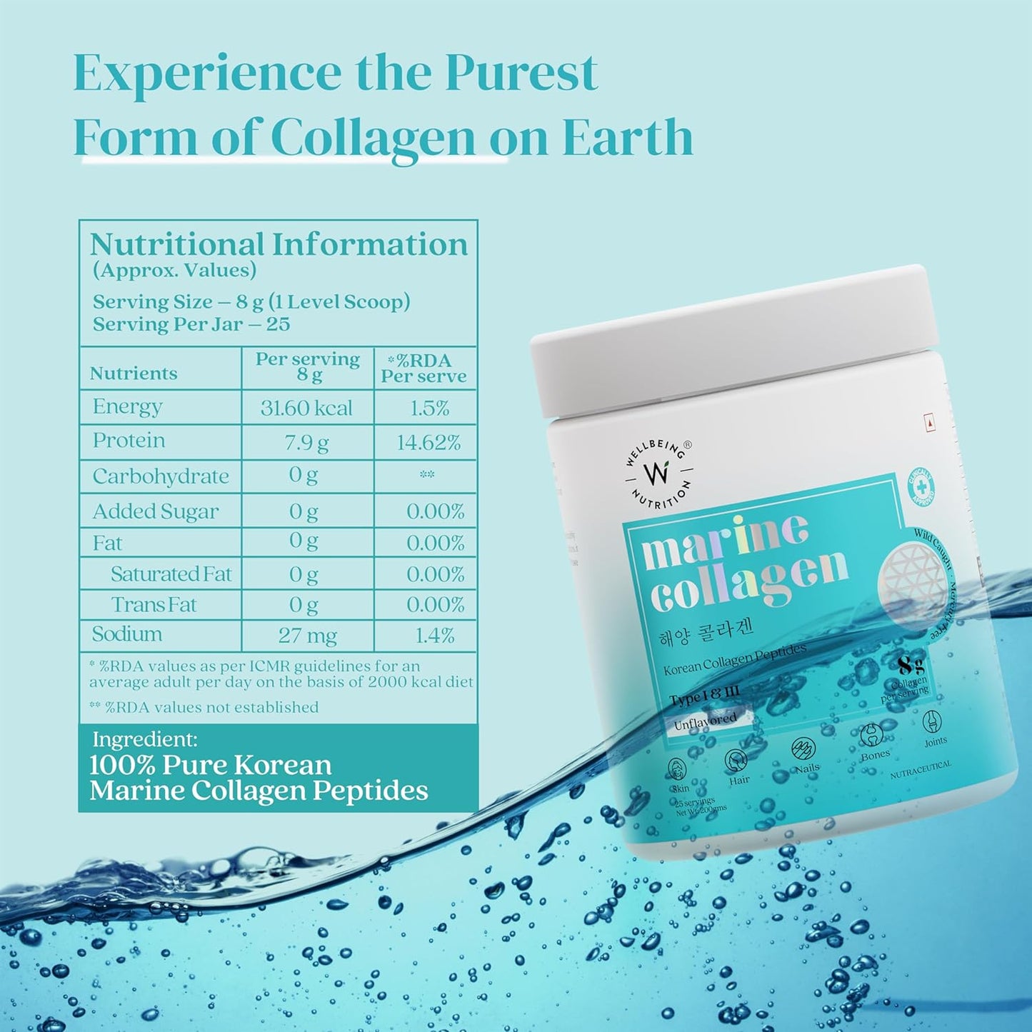 Zephivo Wellbeing Nutrition Pure Korean Marine Collagen Supplements for Women & Men, 200g | Hydrolyzed Collagen Powder and Amino Acids | Supports Healthy Skin, Hair, Nails, Bone & Joint | Unflavored