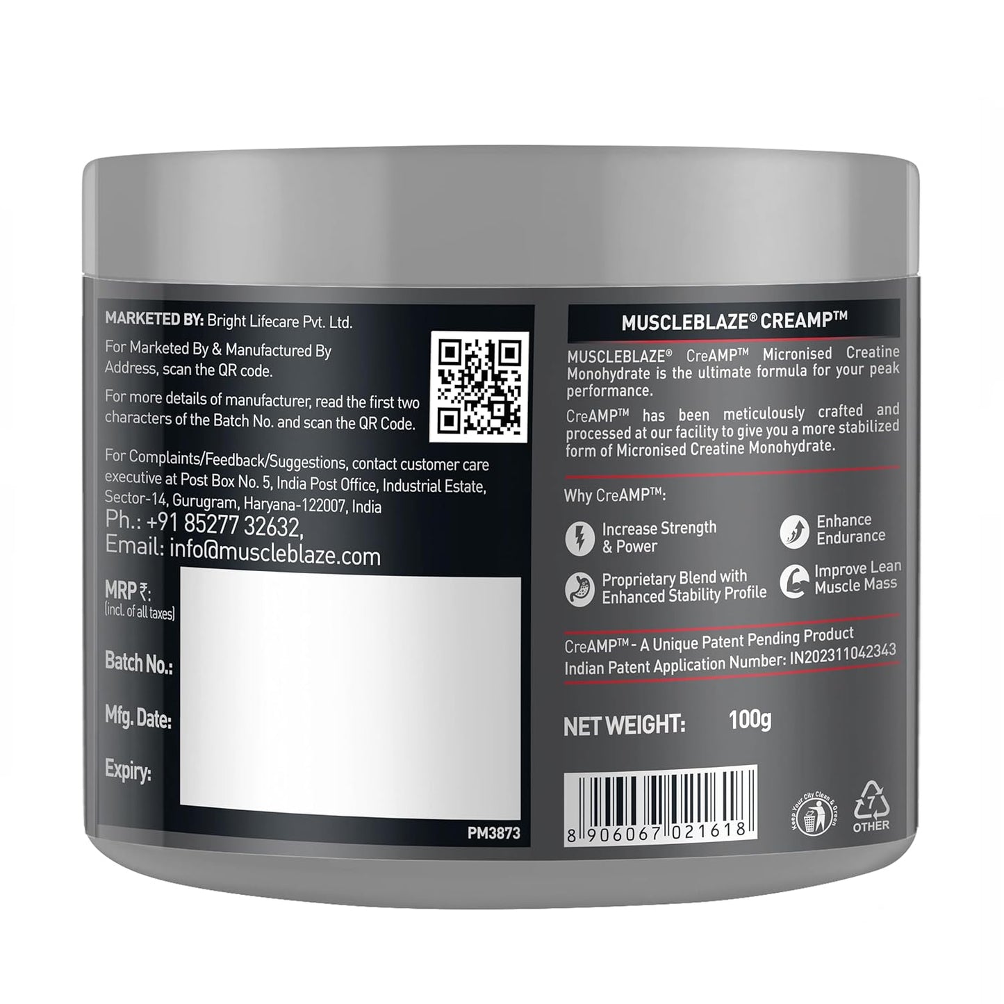 MuscleBlaze Micronised Creatine Monohydrate CreAMP Powder, Unflavoured (32 Servings, 100g) | Trustified Certified Creatine