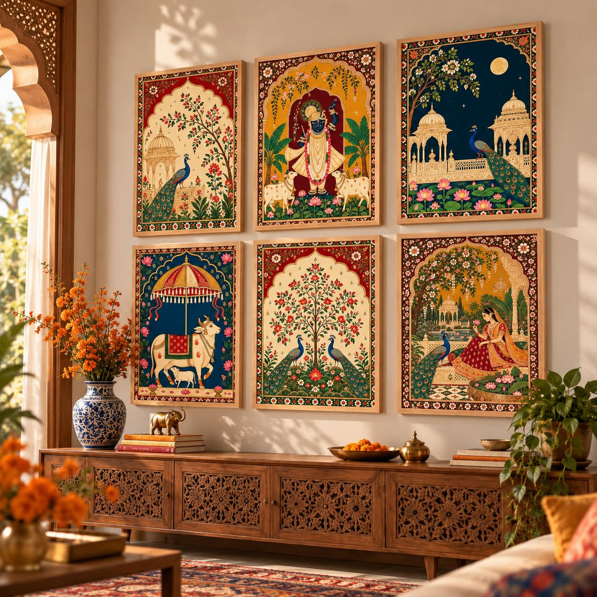 Madhubani Paintings Set of 6 Traditional Indian Folk Art Wall Painting With Frame for Living Room Bedroom Hotel Wall Decor Digital Reprint (10X13 Inch)